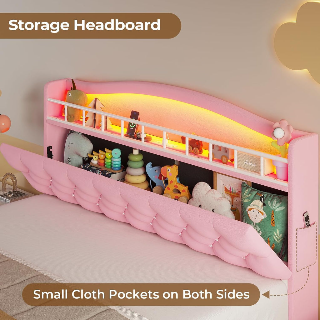 HAUOMS Full Size Bed Frame with LED Lights & 4 Drawers, Princess Velvet Upholstered Platform Bed for Girls, Headboard with Charging Station & Guardrail & Crystal Button, No Box Spring Needed, Pink