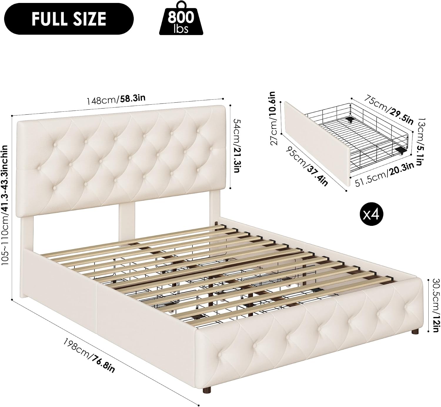 Keyluv Modern Upholstered Bed Frame with 4 Drawers, Button Tufted Headboard Design, Solid Wooden Slat Support, Easy Assembly, Fabric, Beige, Full Size