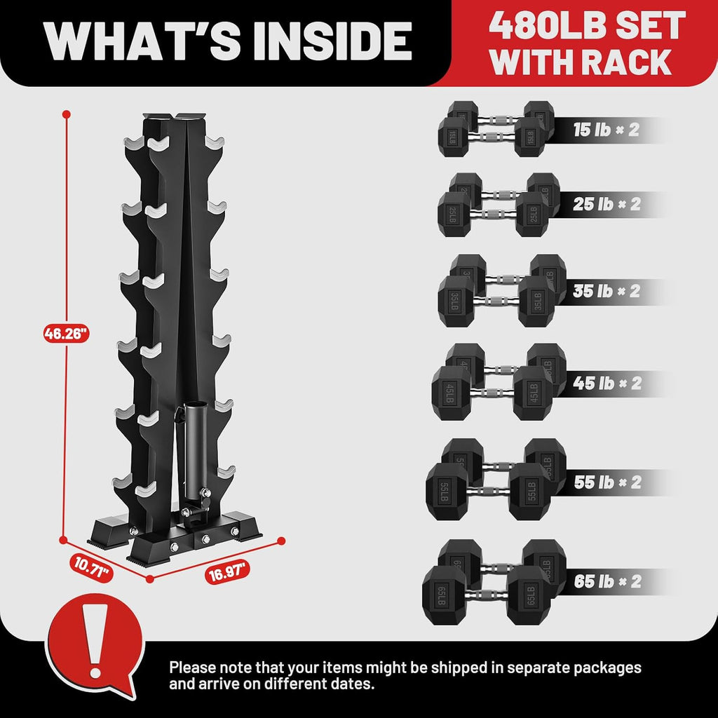 PAPABABE Hex Dumbbell Sets with Rack, 100-600lb Rubber Coated Dumbbell Weight Set and Storage Rack, Multiple Options Hand Weights for Strength Training
