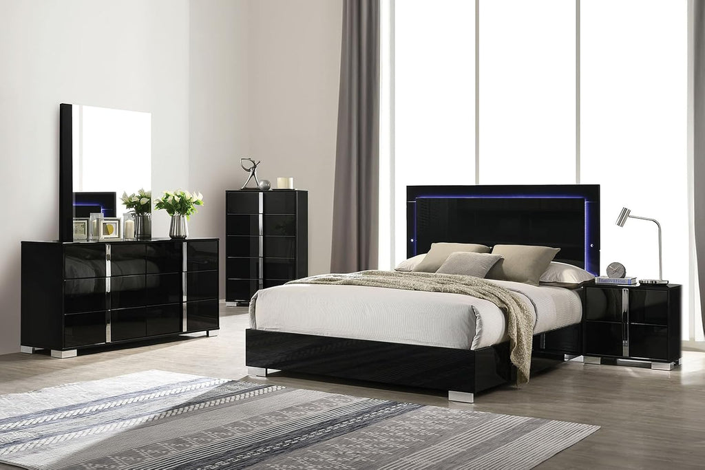 MASARA Contemporary 3-Piece Bedroom Set with Piano Black UV Finish, Chrome Legs, King or Queen Bed with 2 Nightstands, Engineered Wood Construction (King)