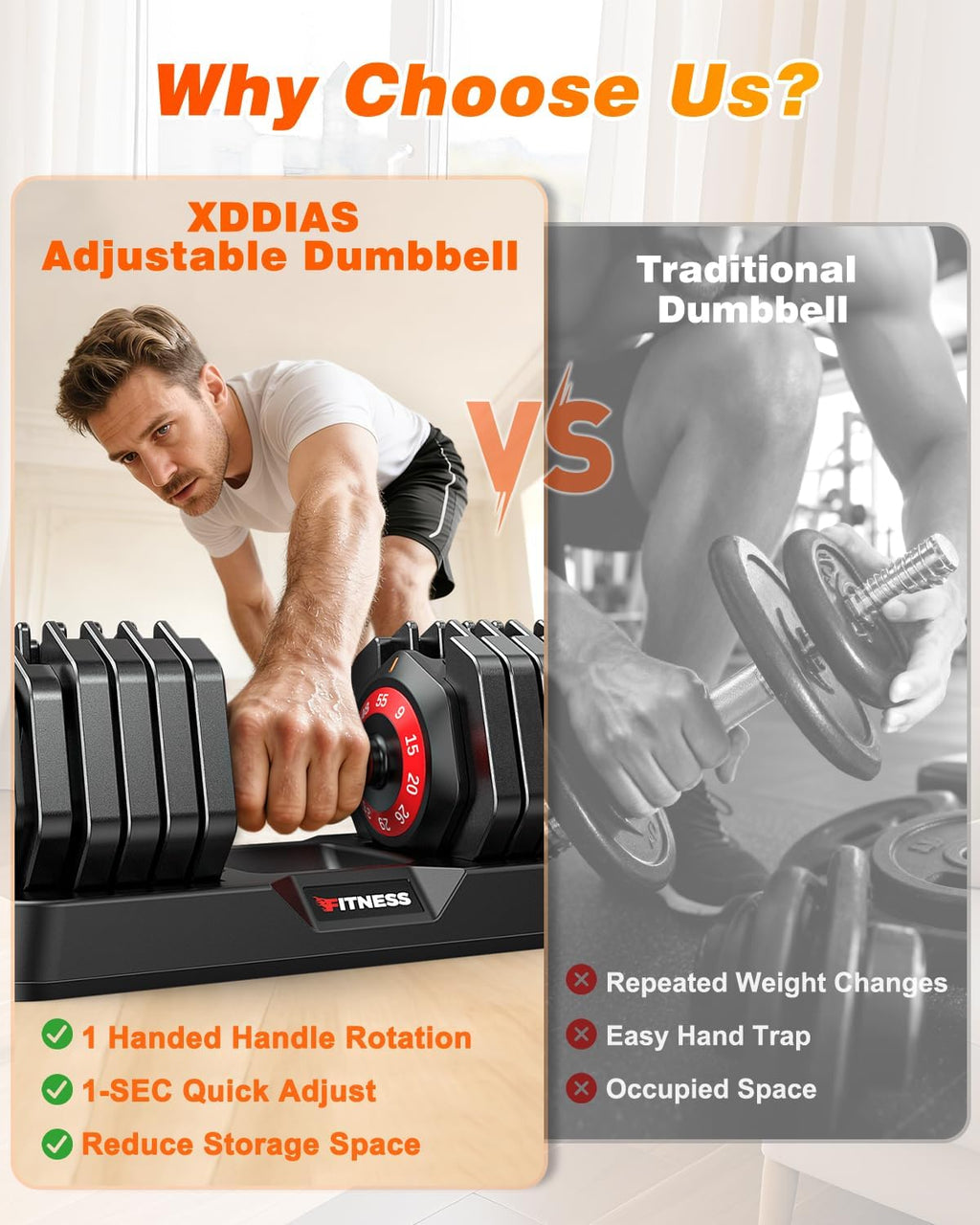 XDDIAS Adjustable Dumbbells Set of 2 for Strength Training, One-Hand Quick Adjust, 25/55/80/90 lbs Options, Anti-Slip Grip Handle, Compact Home Gym Weights for Men Women