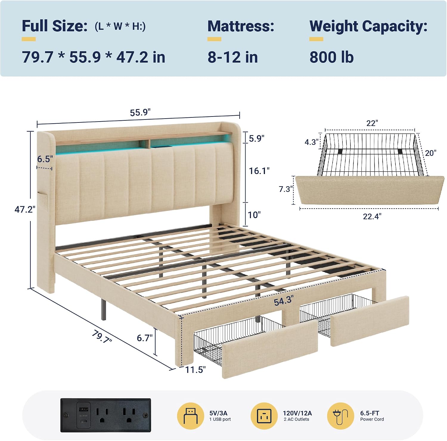 Allewie Vertical Tufted Full Size Upholstered Platform Bed Frame with 2-Tier LED Storage Headboard & 2 Storage Drawers, USB & Type-C Charging Ports, Noise-Free/No Box Spring Needed, Beige