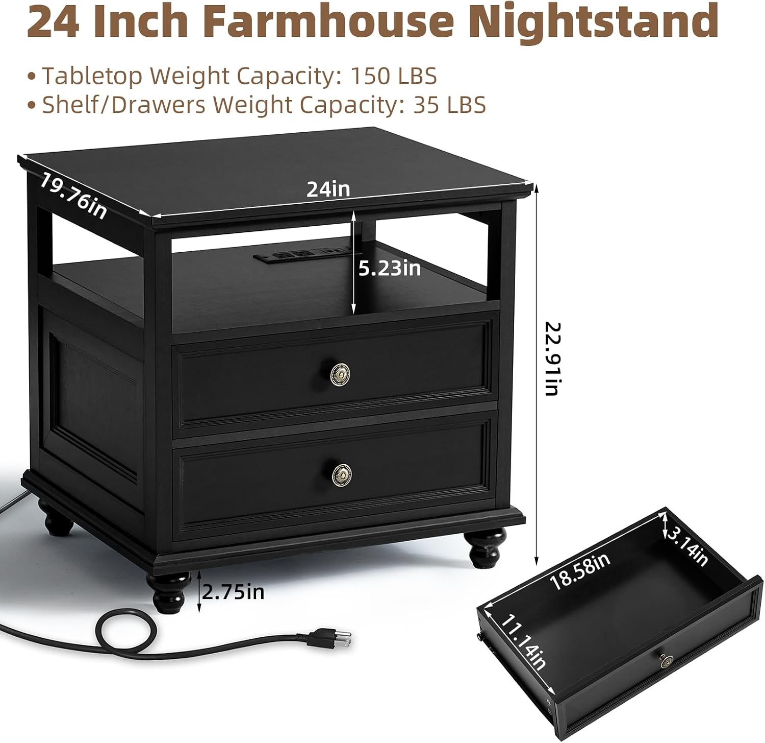 Joaxswe Farmhouse Furniture Set, Nightstands Set of 2 and 7 Drawers Dresser for Bedroom, 54 Inch Wide Wood Dresser and 24' Night Stands with Charging Station for Bedroom, Living Room, Hallway