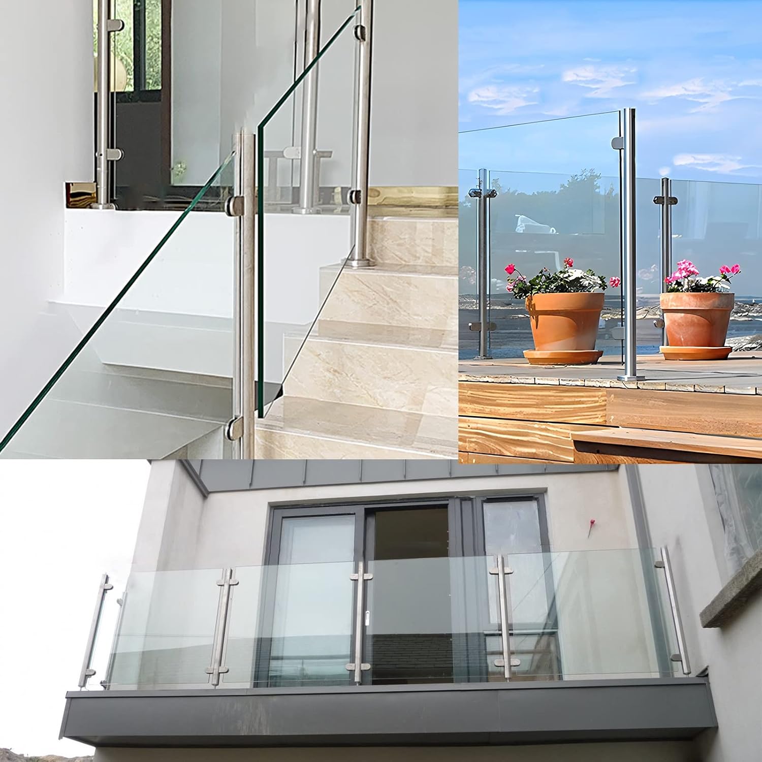 Glass Banister Round Standoff Clamp, Stainless Steel Black Stair Balustrade Post for 3/8'-1/2' Glass Panels, Terrace Decking Hotel Guardrail System(Middle Post,65cm/25.5in)