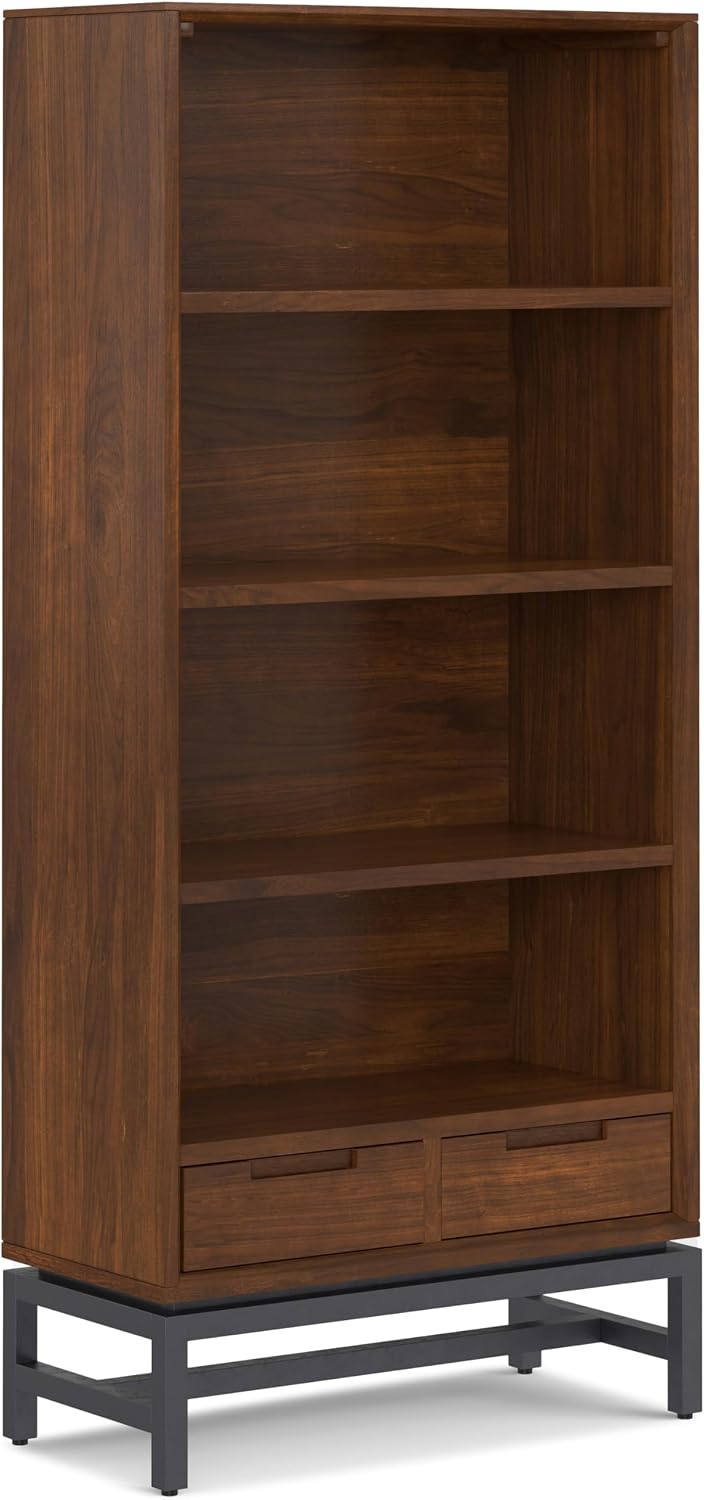 SIMPLIHOME Banting Bookcase - 66 inch Tall Solid Walnut Veneer and Metal Bookshelf, Industrial Storage for Living Room, Study Room or Office with Open Shelves and Metal Frame