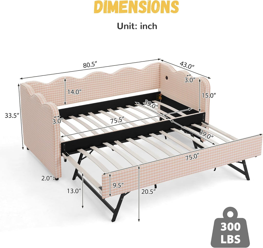 DEINPPA Twin Size Upholstered Daybed with Trundle, Gingham Daybed with USB Ports for Bedroom Living Room Guest Room-Pink