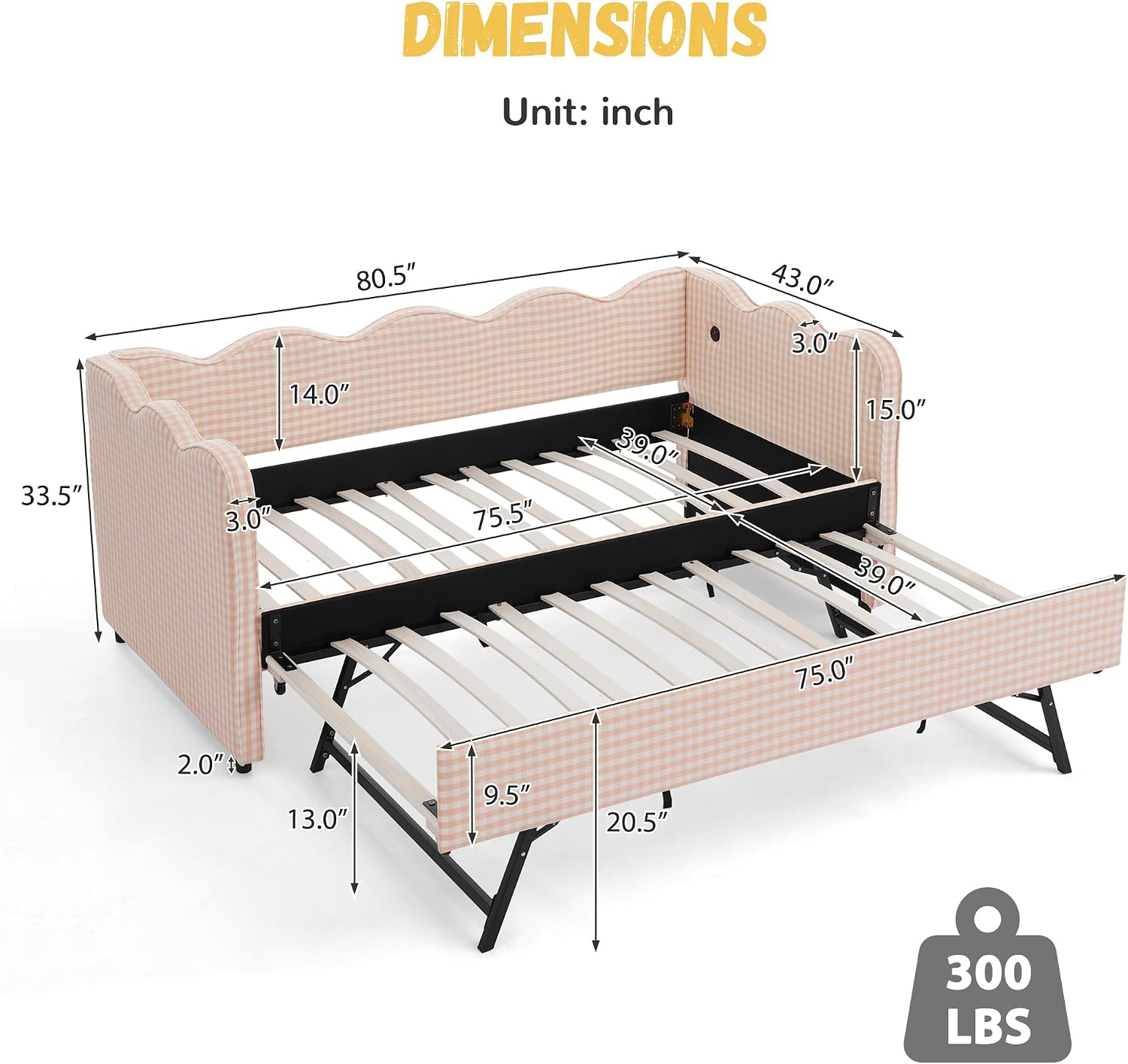 DEINPPA Twin Size Upholstered Daybed with Trundle, Gingham Daybed with USB Ports for Bedroom Living Room Guest Room-Pink