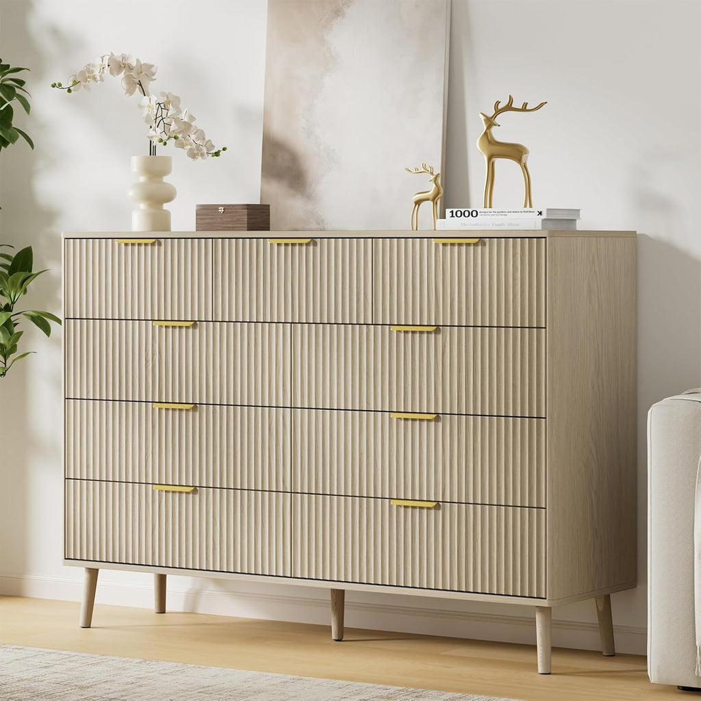 LYNSOM Fluted 9 Drawer Dresser for Bedroom, 55' Wide Modern Chest of Drawers with Curved Profile Design and Metal Handles, Wood Dresser TV Stand & Storage Organizer for Bedroom, Hallway, Beige