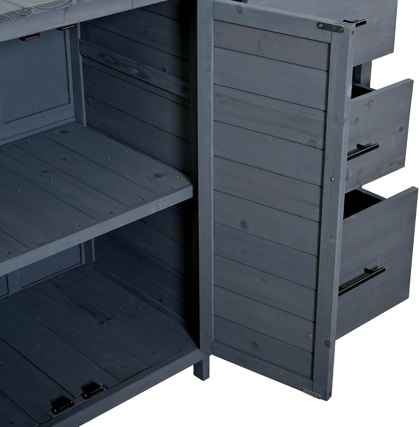 65' H Garden Potting Bench with Storage Drawers and Bottom Cabinet, Multi-Functional Outdoor Patio Kitchen Island with Shelf and Side Hooks, Large Countertop for Gardening, Grill, Gray