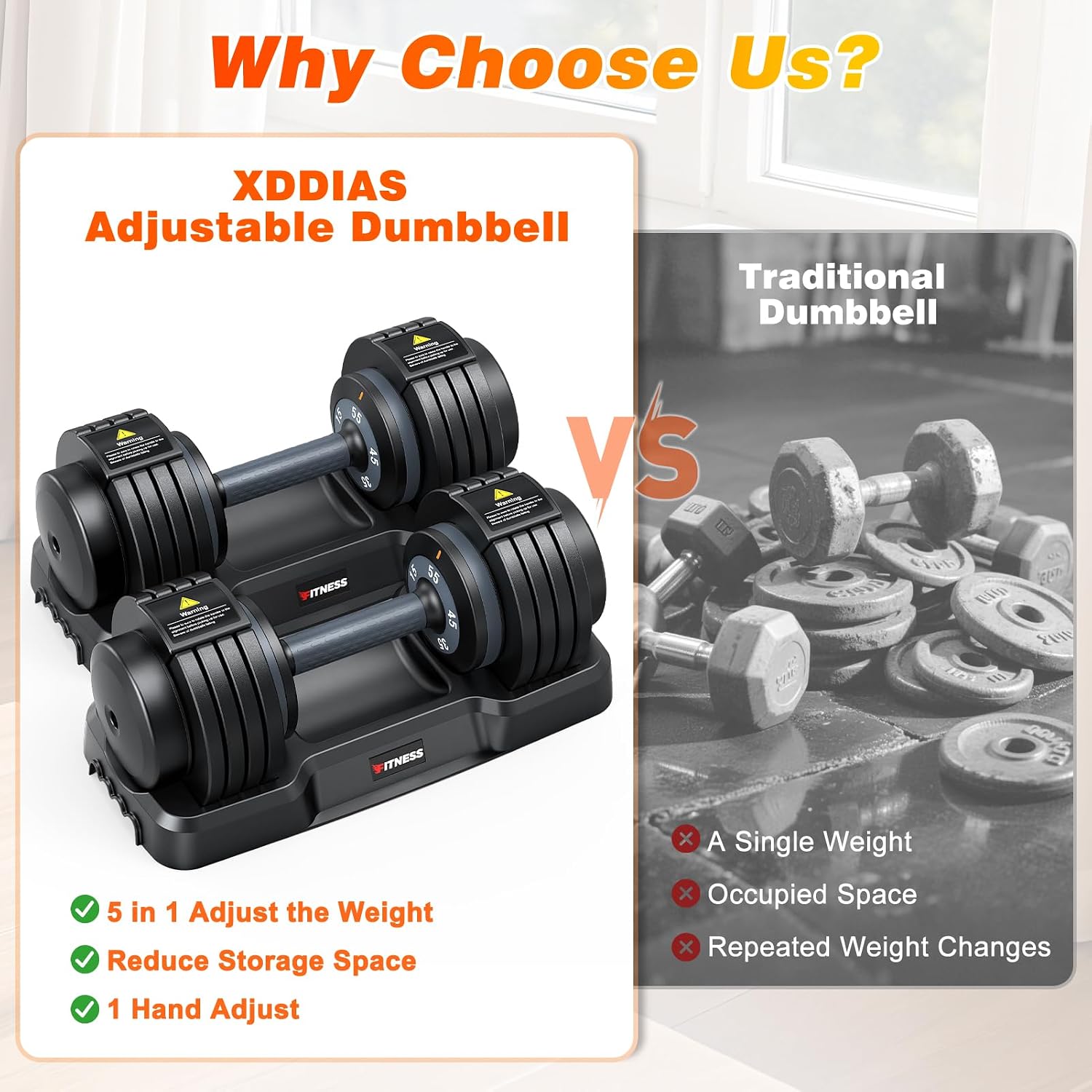 XDDIAS Adjustable Dumbbells Set of 2 for Strength Training, One-Hand Quick Adjust, 25/55/80/90 lbs Options, Anti-Slip Grip Handle, Compact Home Gym Weights for Men Women