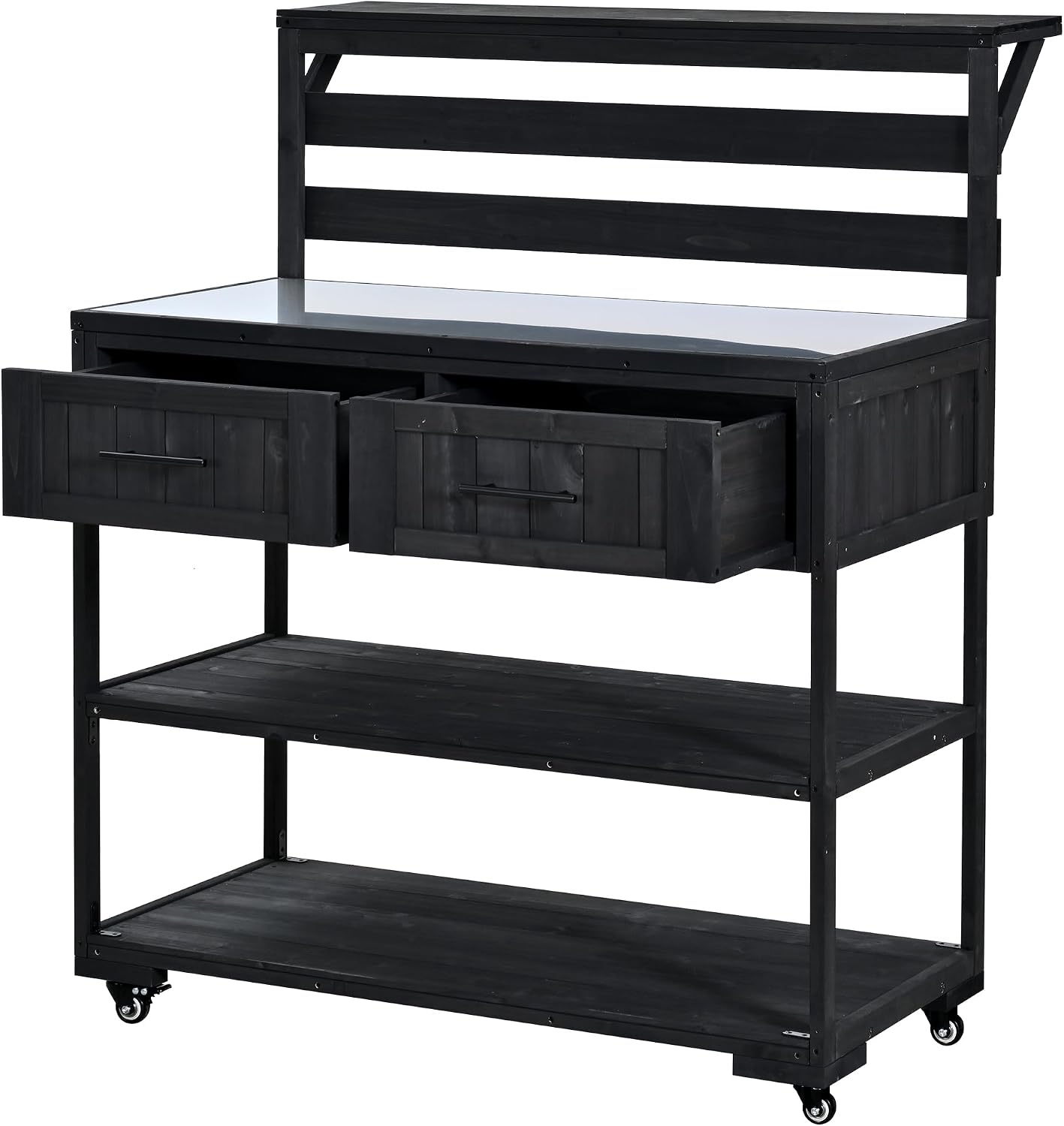 Merax 62.3' W Outdoor Kitchen Island with Stainless Steel Top, Rolling Grill Cart with Lockable Wheels, Garden Potting Bench with Raised Shelf and Drawers, Grill Prep Table for BBQ, Party, Black