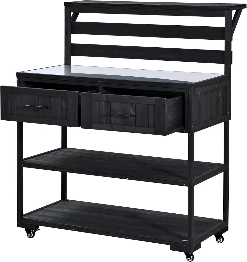 Patio Potting Bench Table with Stainless Table Top, Outdoor Large Garden Workstation on Wheels with Raised Shelf and Drawers for Backyard (Black)