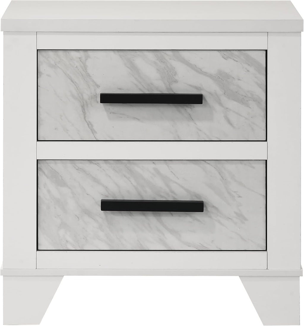 Furniture of America Anton Modern Solid Wood 3-Piece Bedroom Set with Faux Marble Headboard Bed, Metal Center Glide on Nightstands, Box Spring Needed for Bedroom, Guest Room, King, White