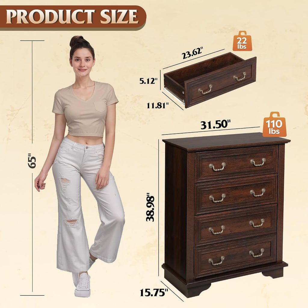 WLIVE Farmhouse 4 Drawer Dresser for Bedroom, 39' Tall Vintage Wood Chest of Drawers, Rustic Small Dressers with Square Wooden Legs, Mid-Century Storage Organizer for Living Room, Walnut