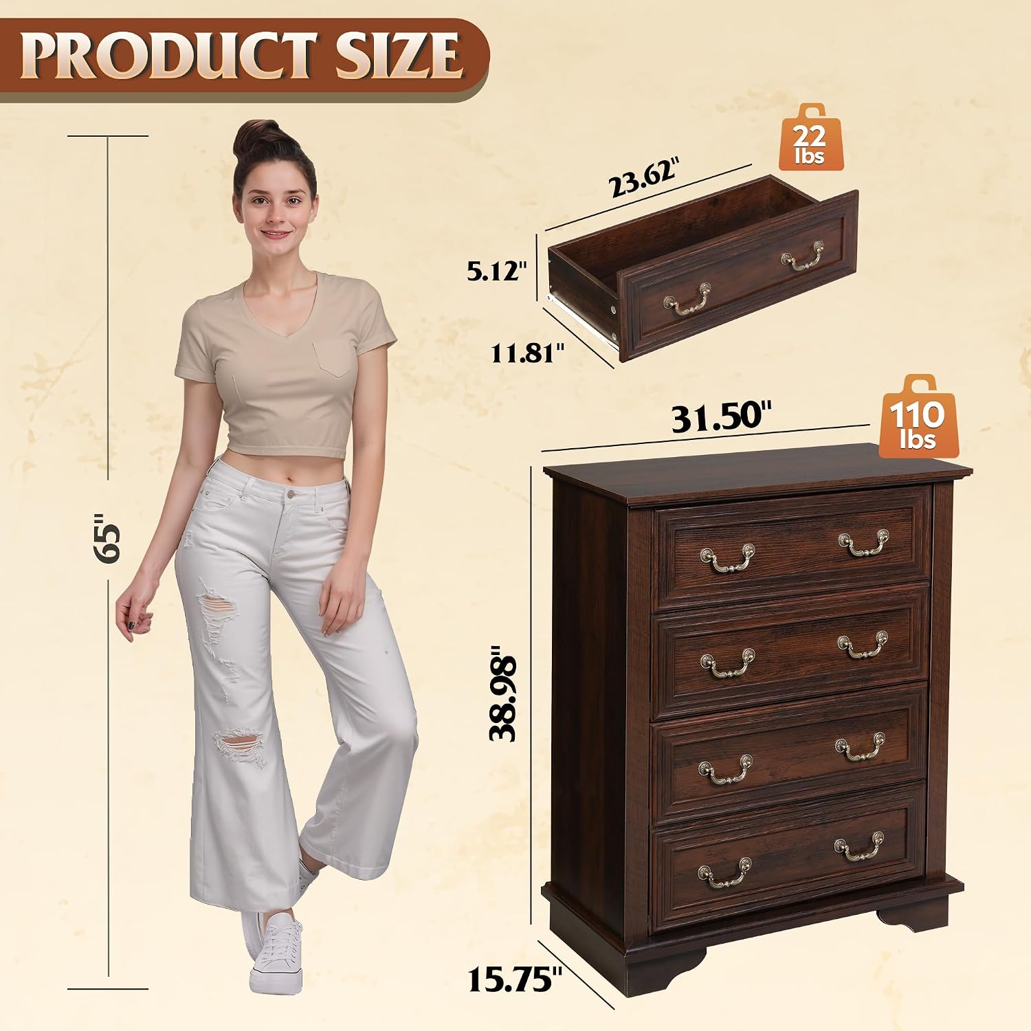 WLIVE Farmhouse 4 Drawer Dresser for Bedroom, 39' Tall Vintage Wood Chest of Drawers, Rustic Small Dressers with Square Wooden Legs, Mid-Century Storage Organizer for Living Room, Walnut