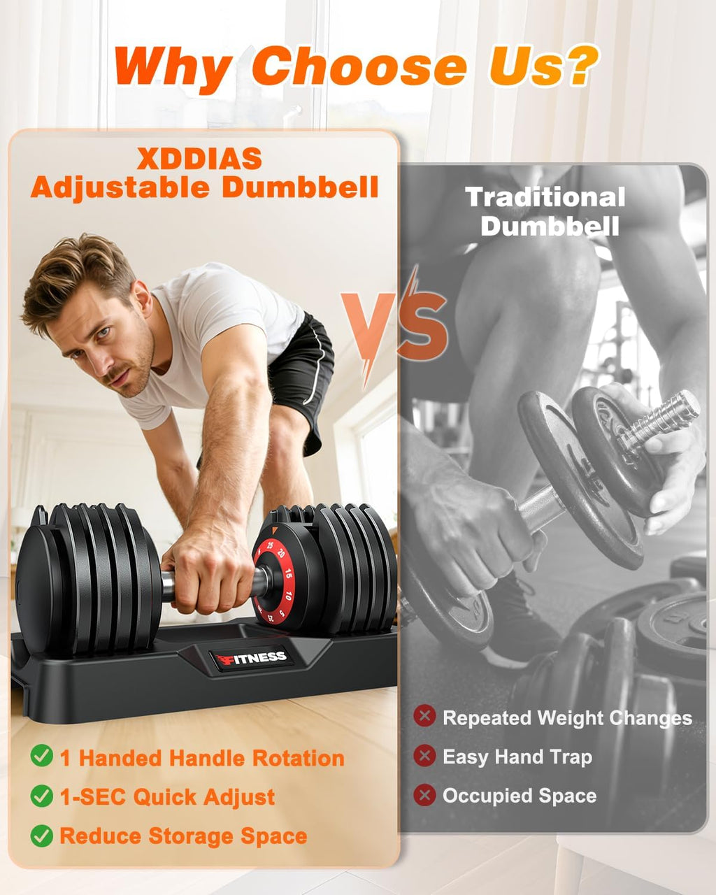 XDDIAS Adjustable Dumbbells Set of 2 for Strength Training, One-Hand Quick Adjust, 25/55/80/90 lbs Options, Anti-Slip Grip Handle, Compact Home Gym Weights for Men Women