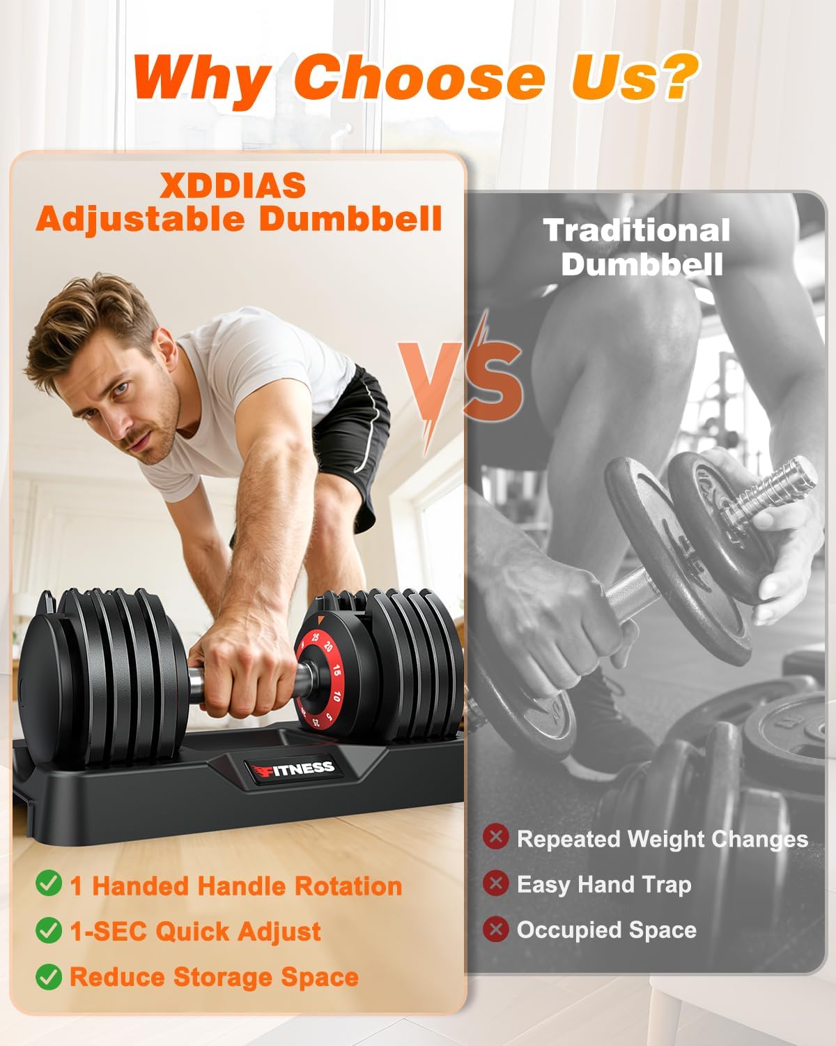XDDIAS Adjustable Dumbbells Set of 2 for Strength Training, One-Hand Quick Adjust, 25/55/80/90 lbs Options, Anti-Slip Grip Handle, Compact Home Gym Weights for Men Women