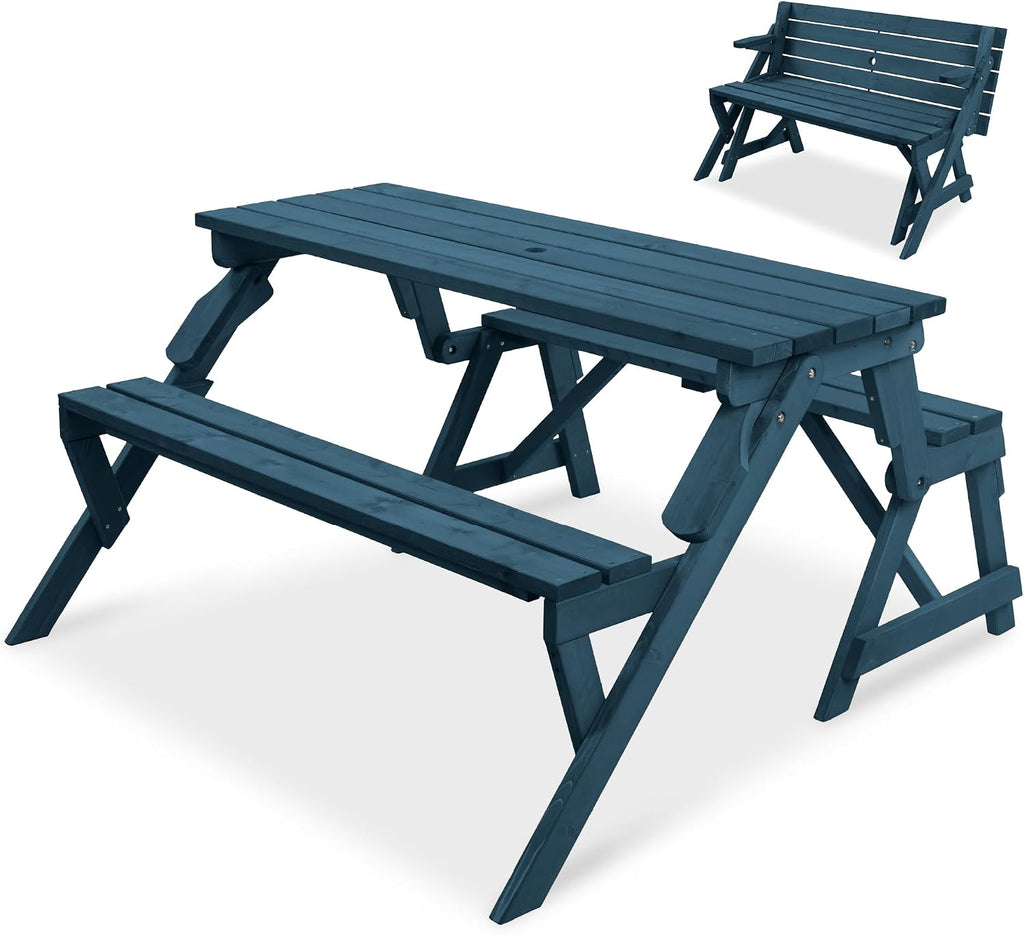Best Choice Products 2-in-1 Transforming Interchangeable Outdoor Wooden Picnic Table Garden Bench for Backyard, Porch, Patio, Deck w/Umbrella Hole - Harbor Blue