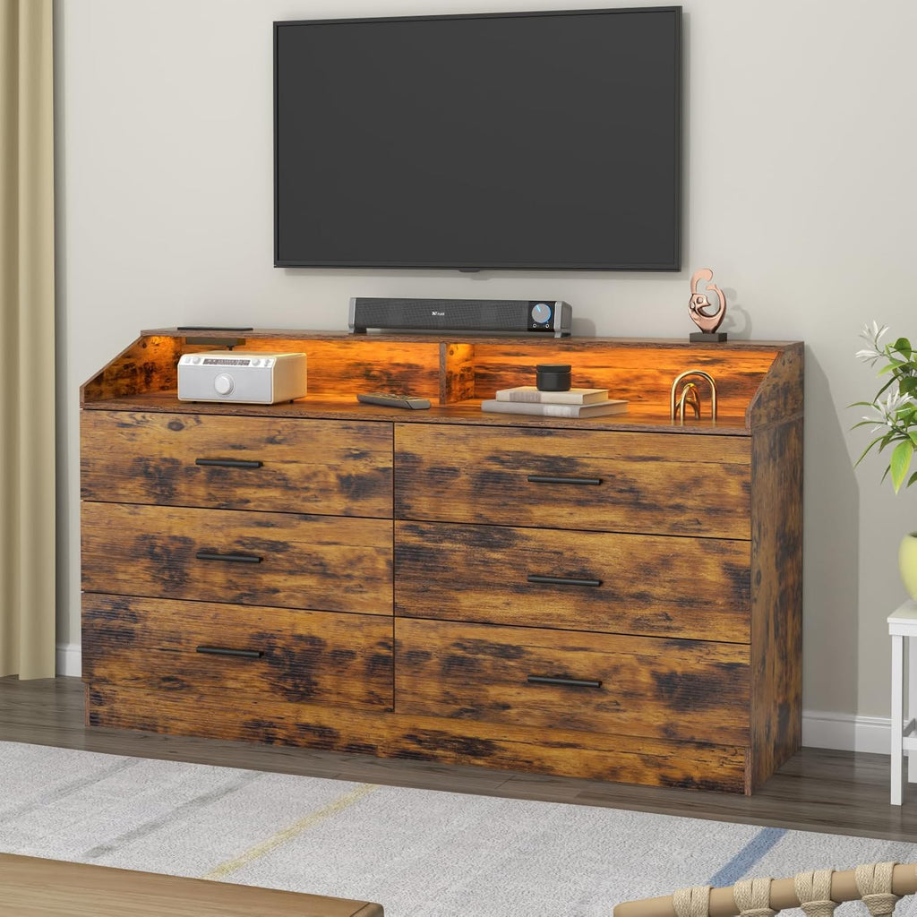 Gyfimoie 6 Drawer Dresser with Power Outlet, Chest of Drawers with LED Light, Modern Dresser with Open Storage Cubby, Double Wide Dressers Organizer for Bedroom, Living Room, Entryway, Hallway