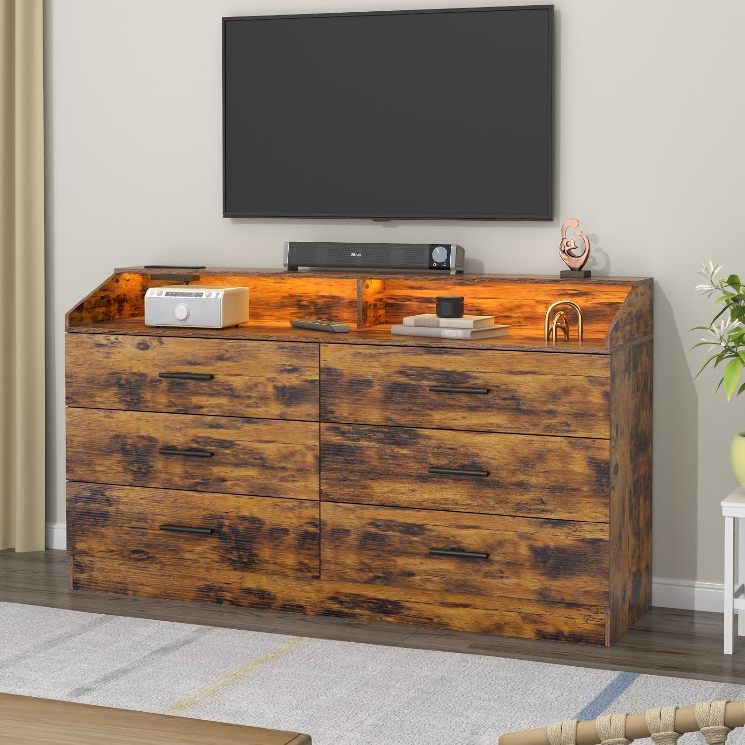 Gyfimoie 6 Drawer Dresser with Power Outlet, Chest of Drawers with LED Light, Modern Dresser with Open Storage Cubby, Double Wide Dressers Organizer for Bedroom, Living Room, Entryway, Hallway