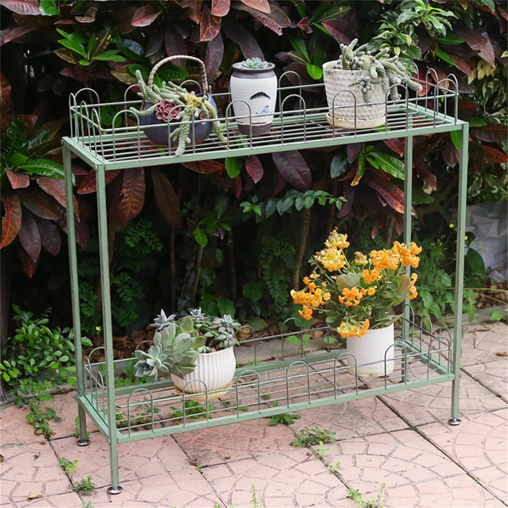 Outdoor Garden Potting Bench Table, 2 Tier Metal Plant Stand with fence,Heavy Duty Metal Shelves,Plant Shelf for Indoor Outdoor,Metal Outdoor Plant Stand Holder Rack,for Balcony and Garden ,Green