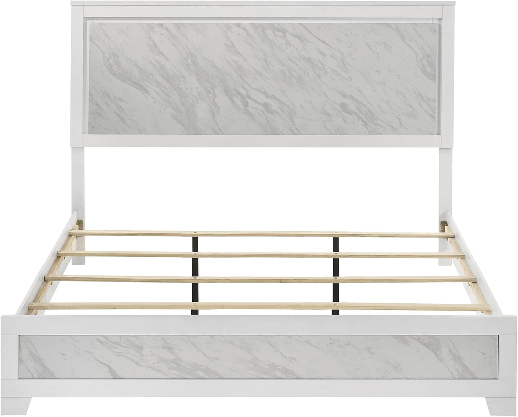 Furniture of America Anton Modern Solid Wood 3-Piece Bedroom Set with Faux Marble Headboard Bed, Metal Center Glide on Nightstands, Box Spring Needed for Bedroom, Guest Room, King, White