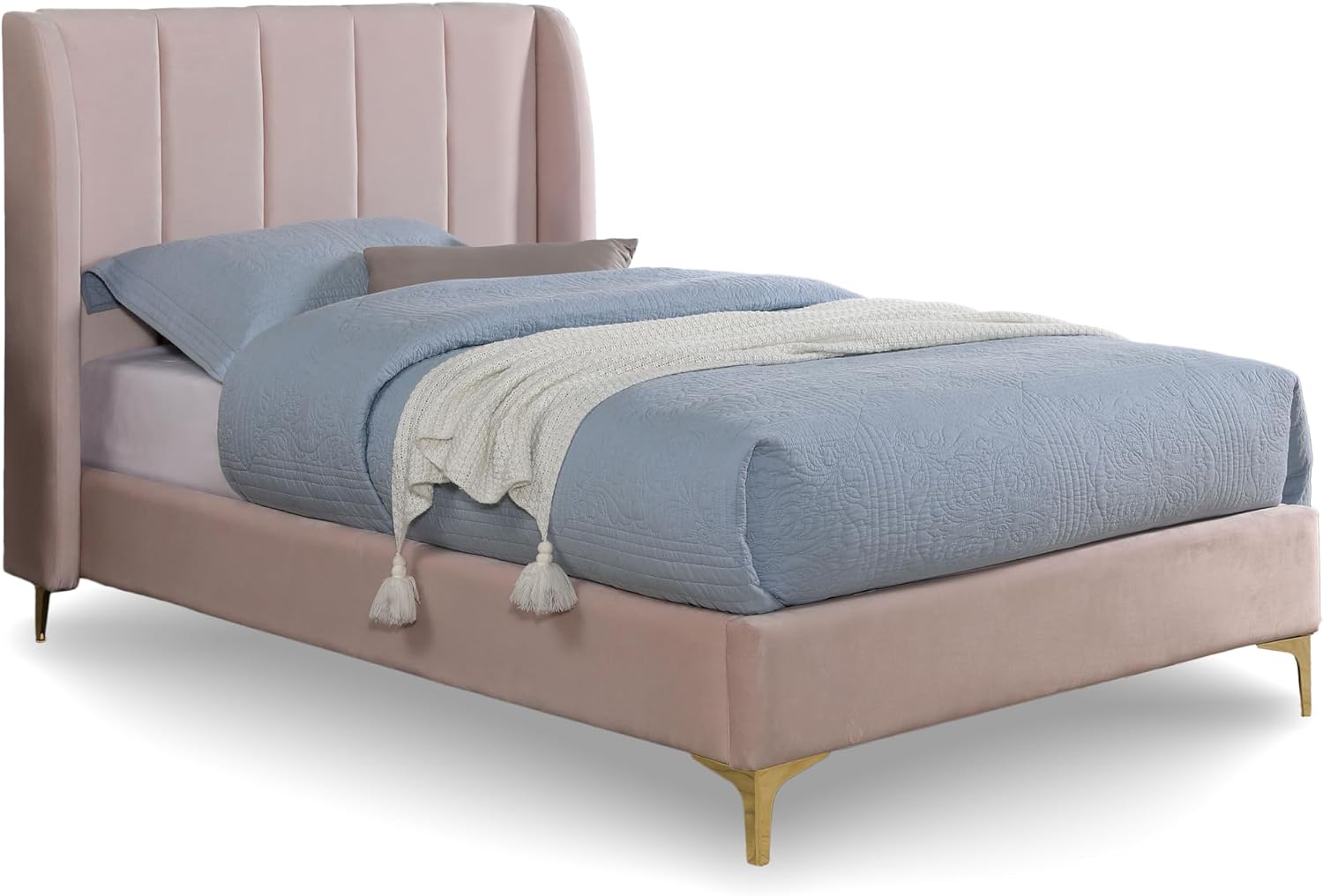 Furniture of America Navena Fabric Upholstered Queen-Size Platform Bed with Wingback Design and Channel Tufting, Gold Metal Legs, No Box Spring Required for Bedroom, Guest Room, Light Pink