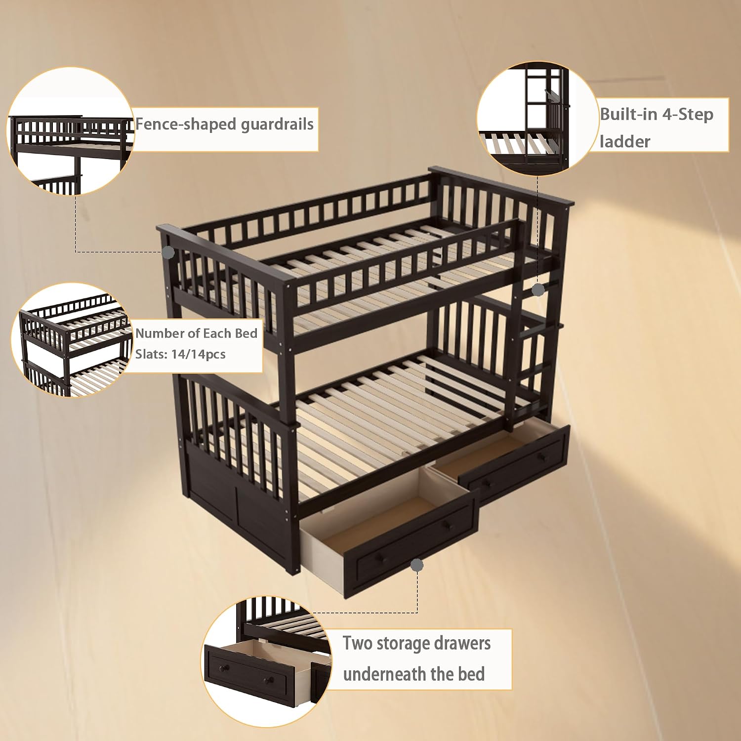 Harper & Bright Convertible Wood Twin-Over-Twin Bunk Bed with Storage Drawers and Ladder - Can Be Divided Into Two Daybeds,Espresso