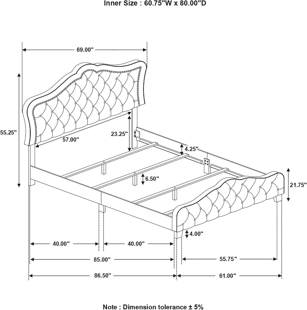 Coaster Home Furnishings - Bella - Wood - Upholstered Panel Bed with Bell Style Headboard, Button Tufting, Chrome Nail Heads and Welt Trim - Bedroom - Queen Size - Gray - 315871Q