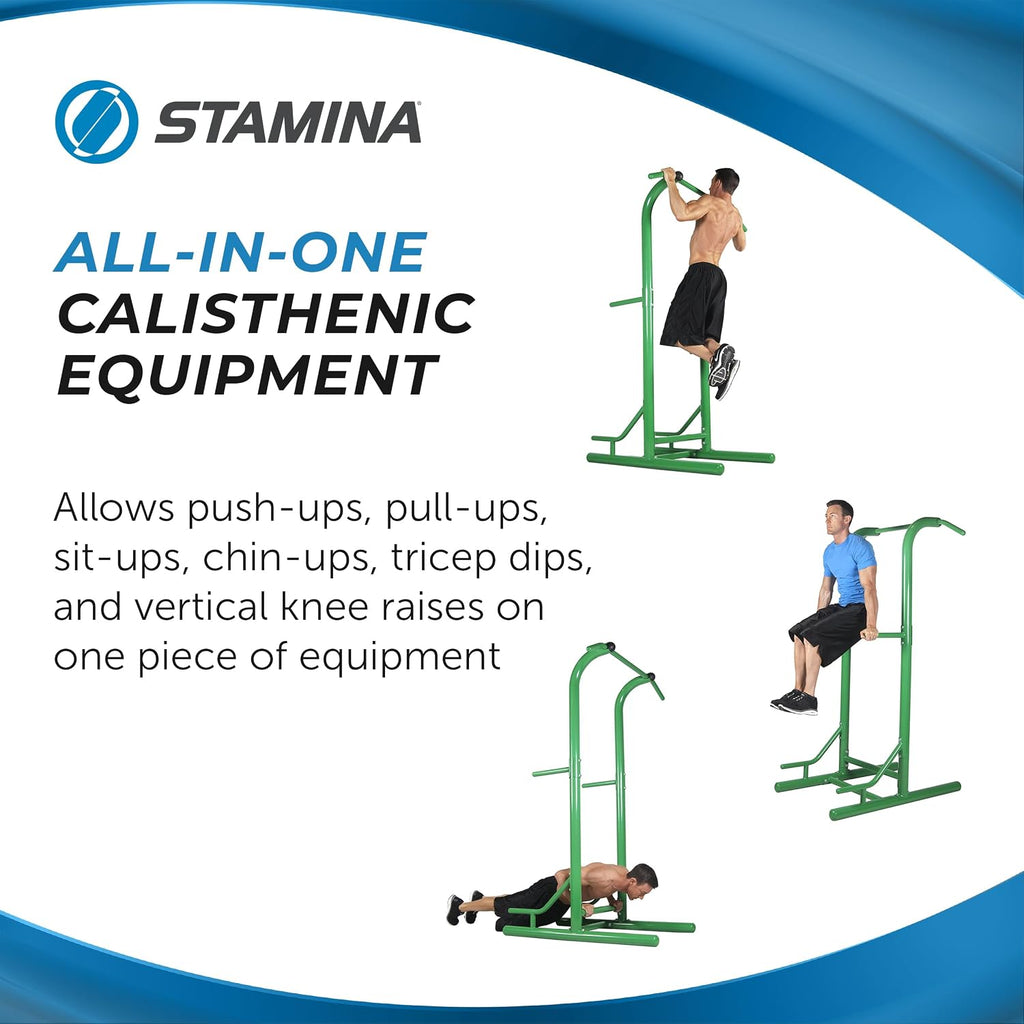 Stamina Pull Up Bar Tower & Dip Station, Free Standing Outdoor Home Gym Equipment, Green - Adjustable and Portable Workout Stand for Calisthenics Body Weight Training