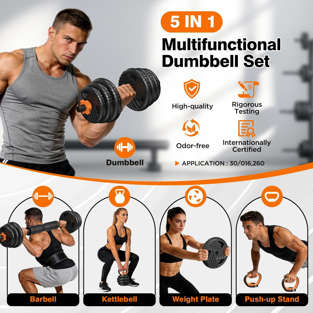 Adjustable Dumbbell Set, 33/44/66/88lbs Free Weights Set with Connector, 5 in 1 Weights Dumbbells Set Used as Barbell, Kettlebells, Push up Stand, Weight Plate, Exercise & Fitness Equipment for Home Gym Workout