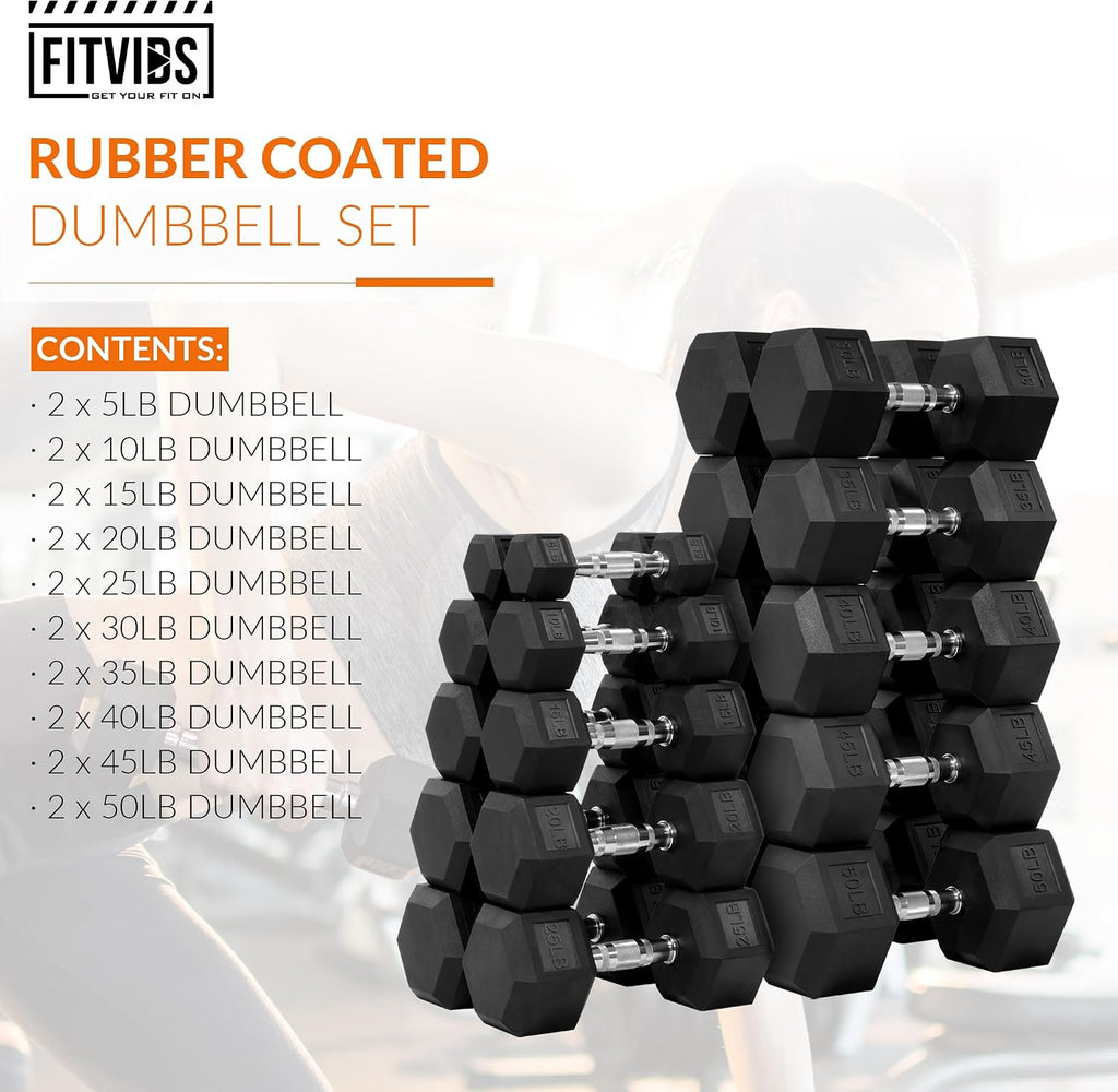 Fitvids Rubber Encased Hex Dumbbell Set Contoured Handle for Muscle Toning, Strength Building & Full Body Workout, 60LB, 100LB, 150LB and 550LB Set
