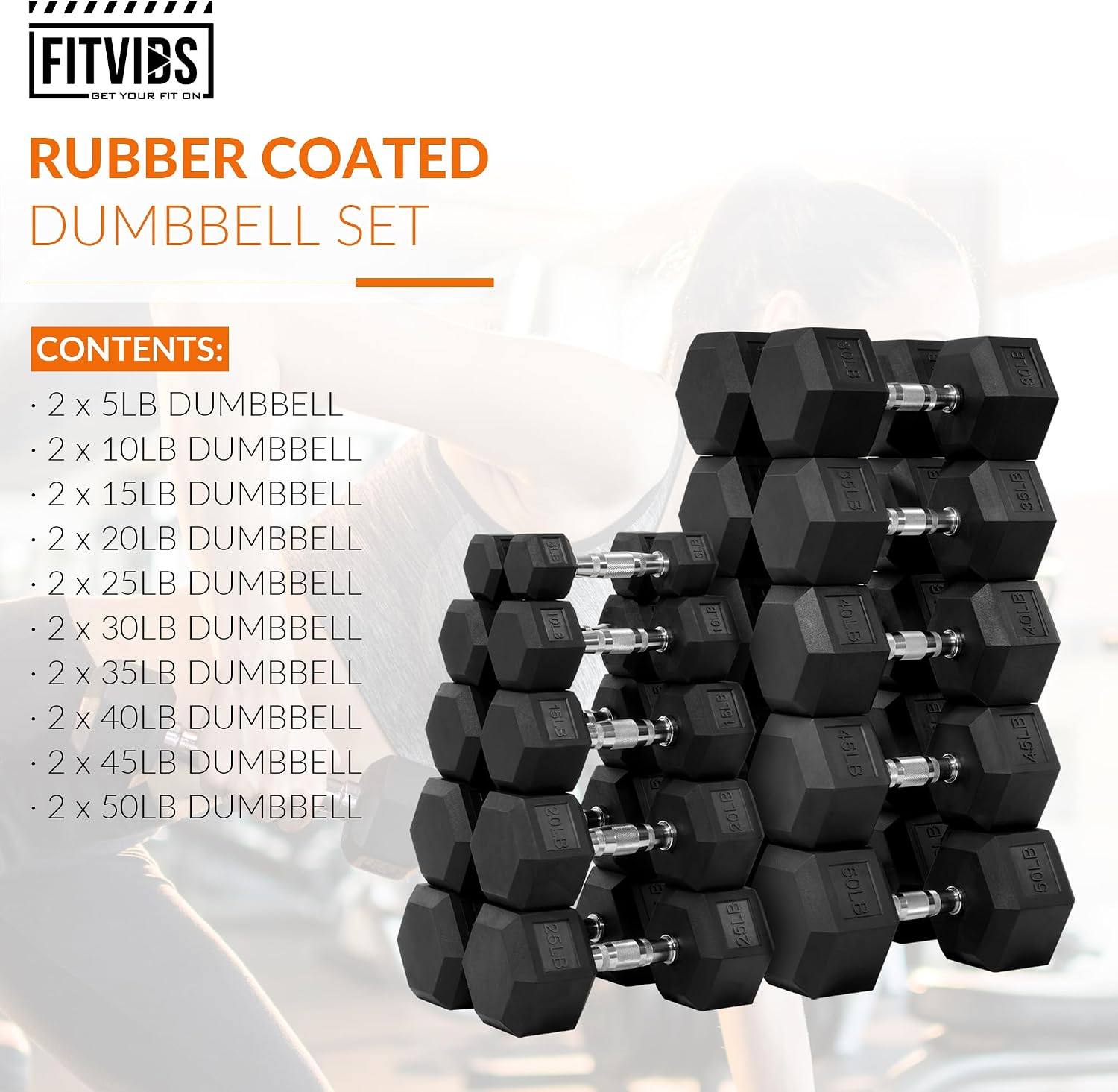 Fitvids Rubber Encased Hex Dumbbell Set Contoured Handle for Muscle Toning, Strength Building & Full Body Workout, 60LB, 100LB, 150LB and 550LB Set