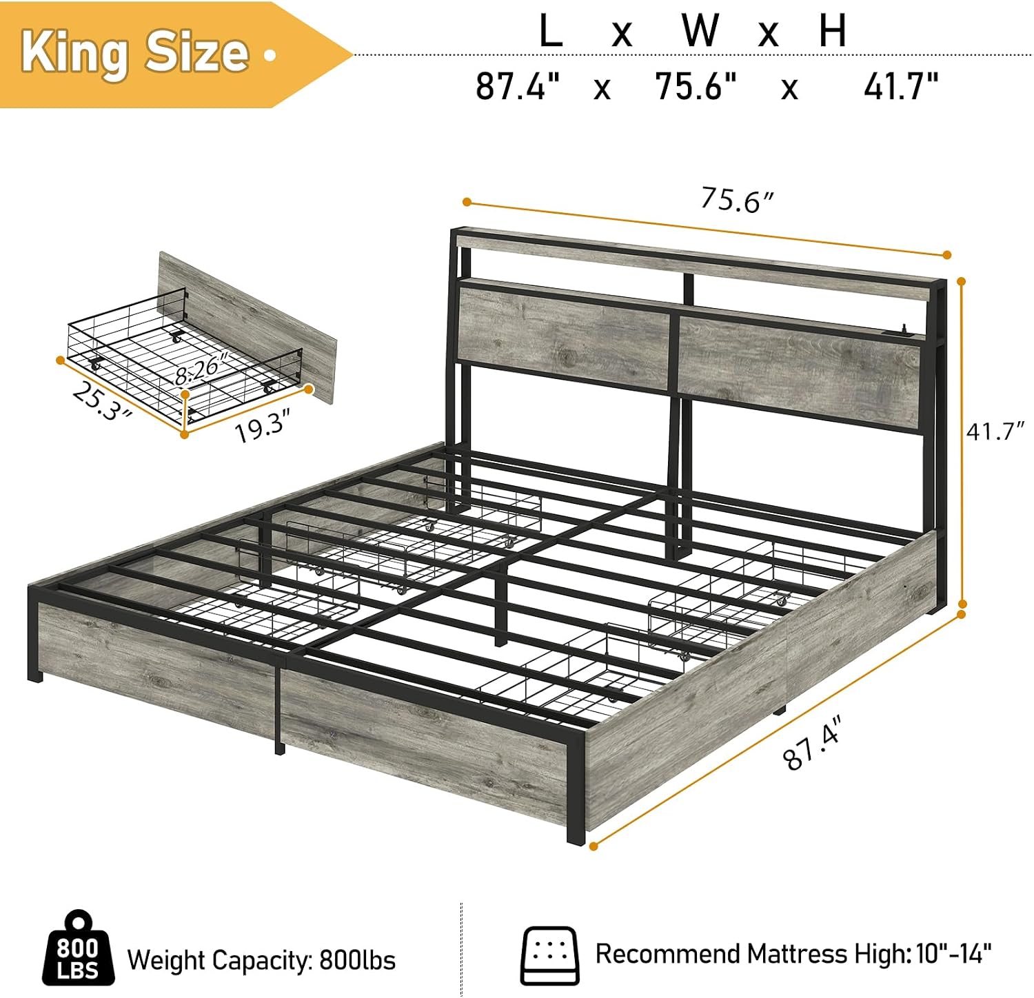 SADENICEL King Size Bed Frame with Storage Headboard, Metal Platform King Bed Frame Wood with 4 Drawers, LED Light, Charging Station, No Box Spring Needed, Noise Free, Easy Assembly, Grey