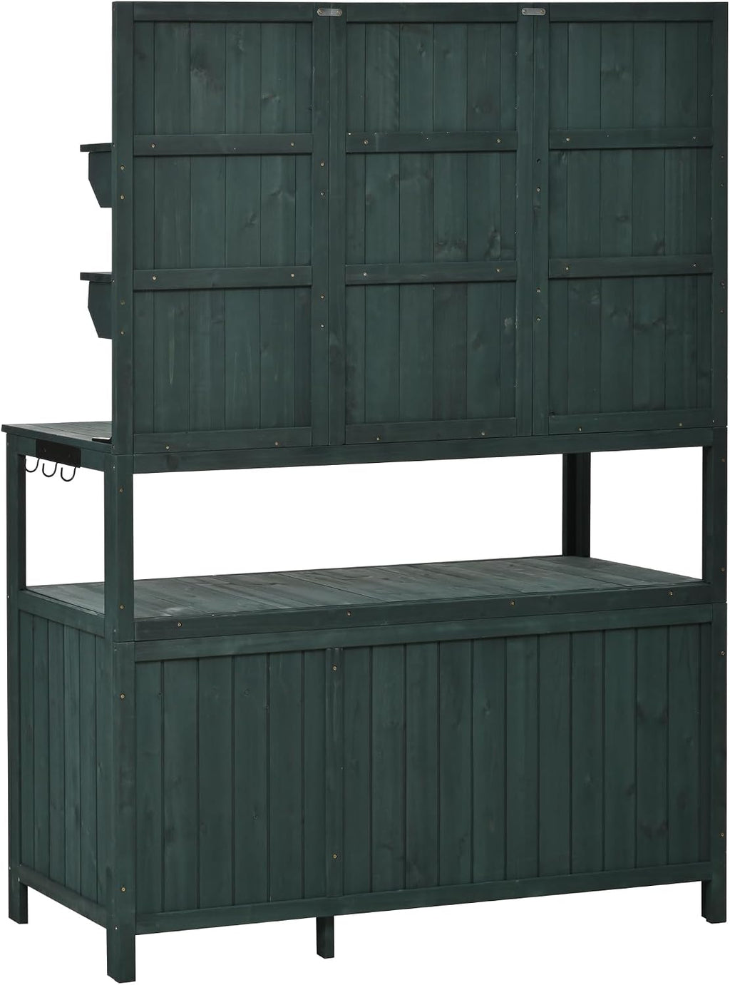 Rustic 50.2' Solid Fir Wood Patio Potting Bench with Hutch,Garden Workstation with Large Countertop,2 Shelves,2 Cabinets,3 Side Hooks,Planting Table for Backyard (Forest Green#H)