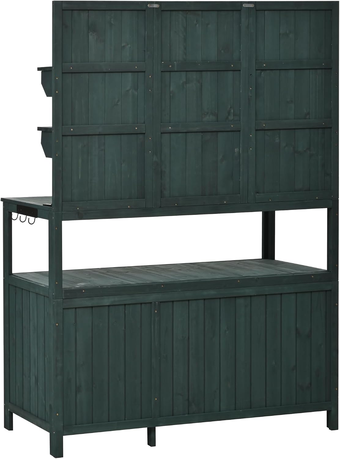 Rustic 50.2' Solid Fir Wood Patio Potting Bench with Hutch,Garden Workstation with Large Countertop,2 Shelves,2 Cabinets,3 Side Hooks,Planting Table for Backyard (Forest Green#H)