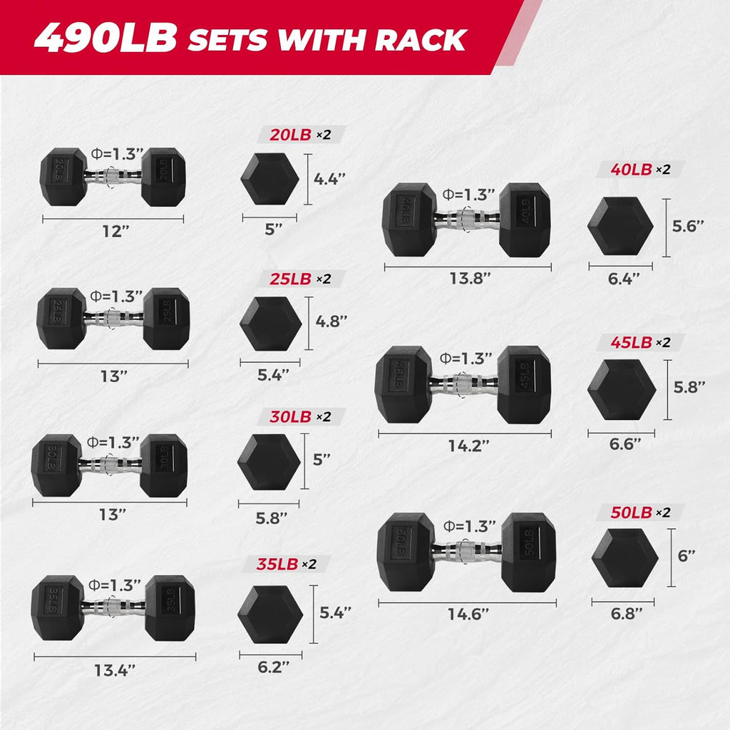 RitFit Rubber Coated Hex Dumbbell Set with Rack, 5-780LB for Home Gym Strength Training, Anti-Slip Knurled Handle, Hexagon Anti-Roll, Heavy-Duty Storage Rack