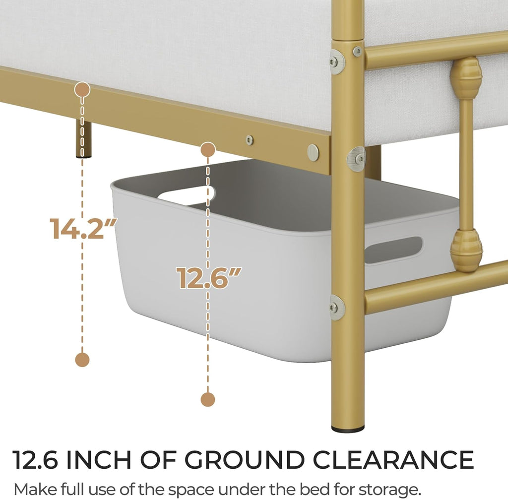 Topeakmart King Size Victorian Style Metal Bed Frame with Headboard/Mattress Foundation/No Box Spring Needed/Under Bed Storage/Strong Slat Support Antique Gold