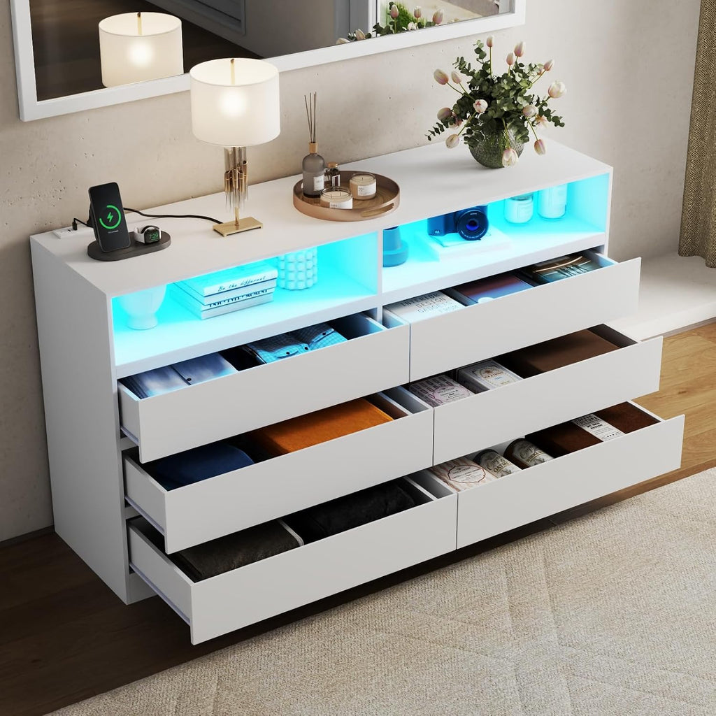 Gyfimoie Dresser for Bedroom with Full Length Mirror 48'x16', White Storage Cabinet with Power Outlet, 6 Drawer Dresser with LED Light, Modern Dressers with Charging Station(White)