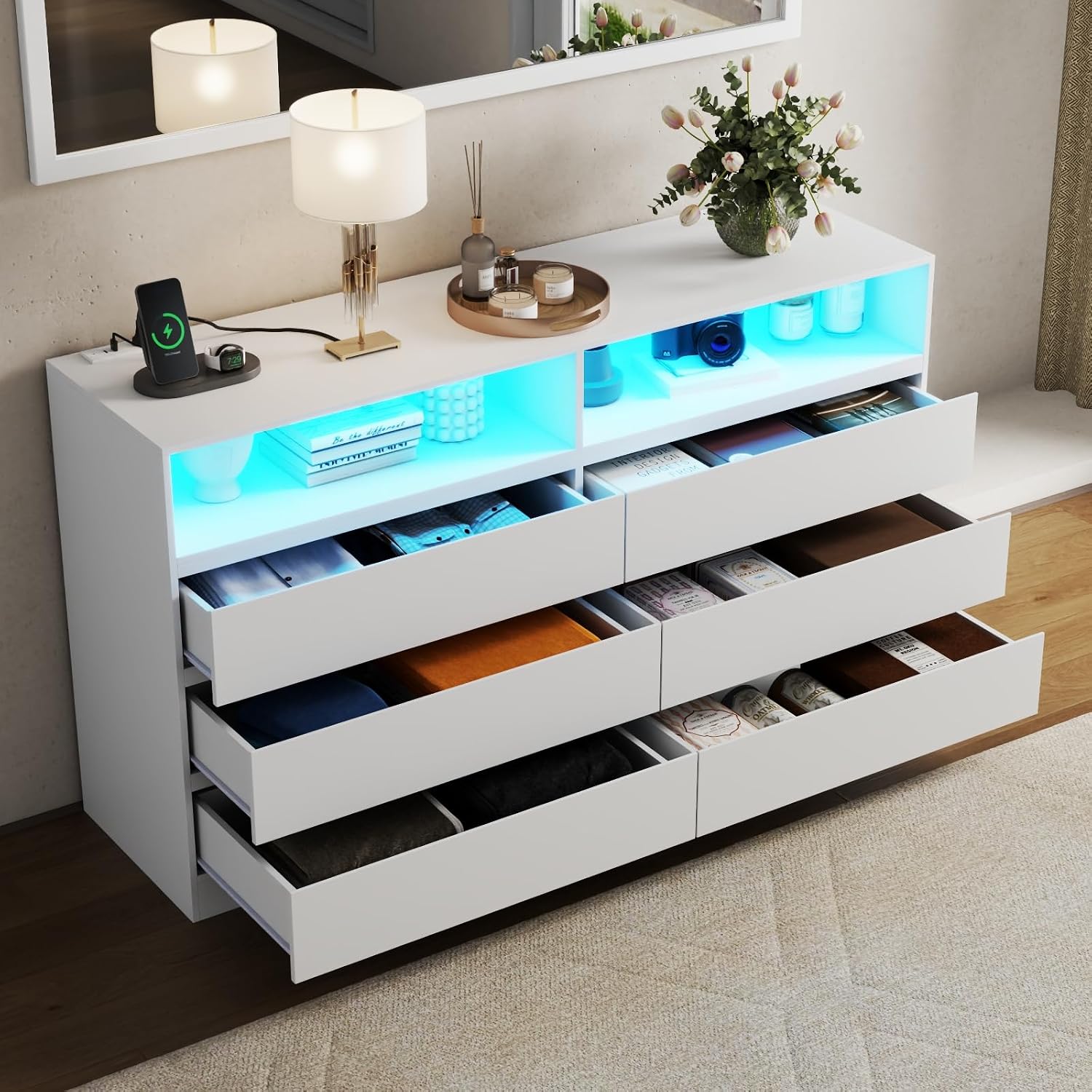 Gyfimoie Dresser for Bedroom with Full Length Mirror 48'x16', White Storage Cabinet with Power Outlet, 6 Drawer Dresser with LED Light, Modern Dressers with Charging Station(White)