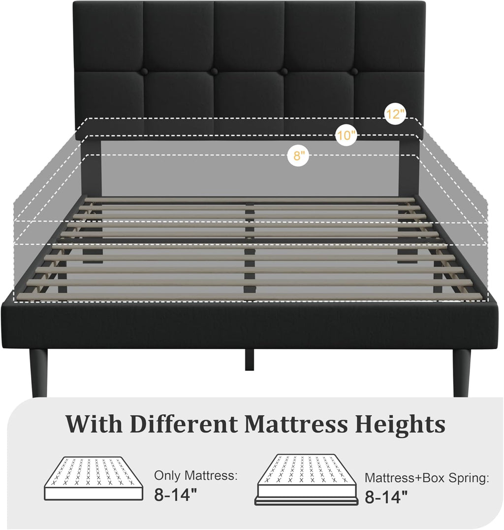 IOILORI Queen Size Bed Frame with Headboard, Queen Upholstered Bed Frame,Queen Platform Bed Frame, No Box Spring, Easy to Assemble,Black