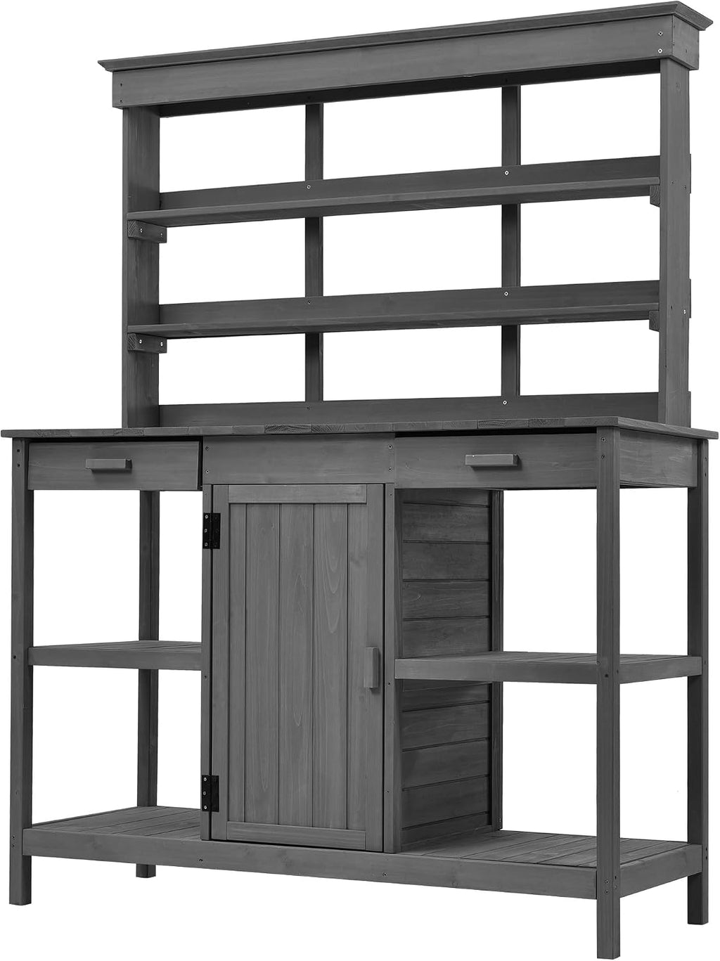 Roomfitters 66' Large Farmhouse Outdoor Potting Bench Table with 2 Drawers, Cabinet and Open Shelves, Gray