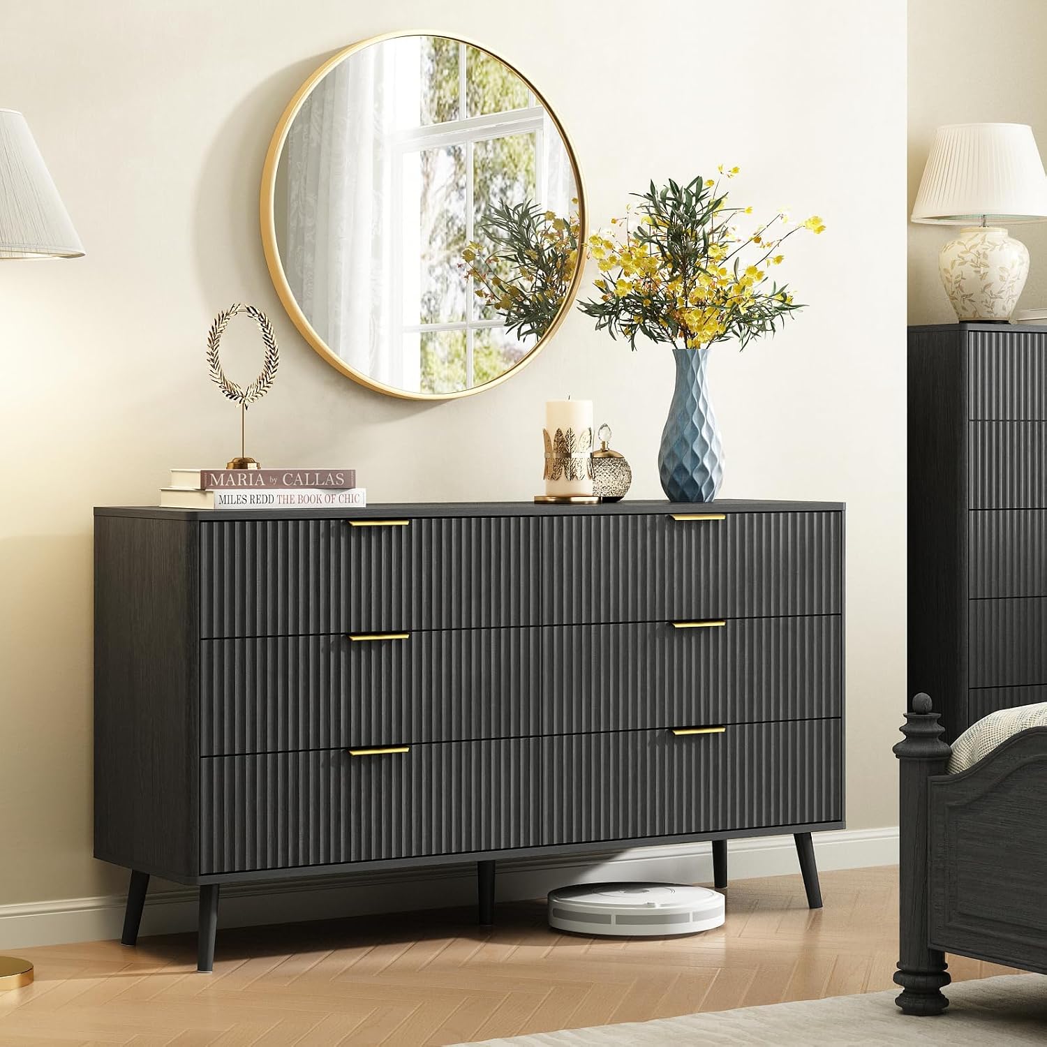CARPETNAL Fluted 6 Drawer Dresser for Bedroom, 55' Wide Wooden Chest of Drawers with Rounded Corners, Gold Handles, Modern Storage Organizer for Bedroom, Hallway(Black)