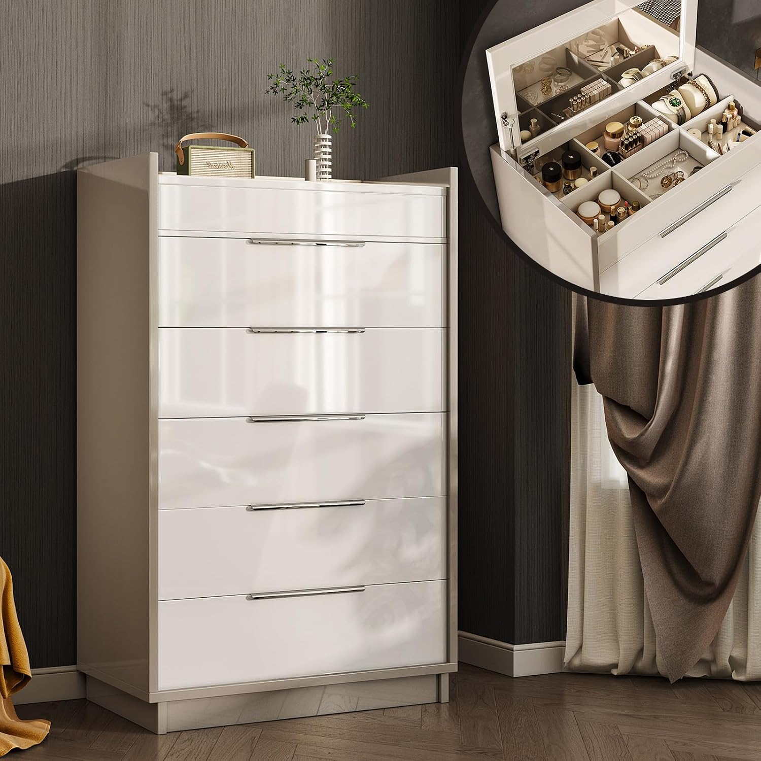 AMERLIFE 5-Drawer Chest with Glass Tabletop, Storage Dresser Organizer with Inside Mirror & Lift Top Dresser for Bedroom, Cream&Grey
