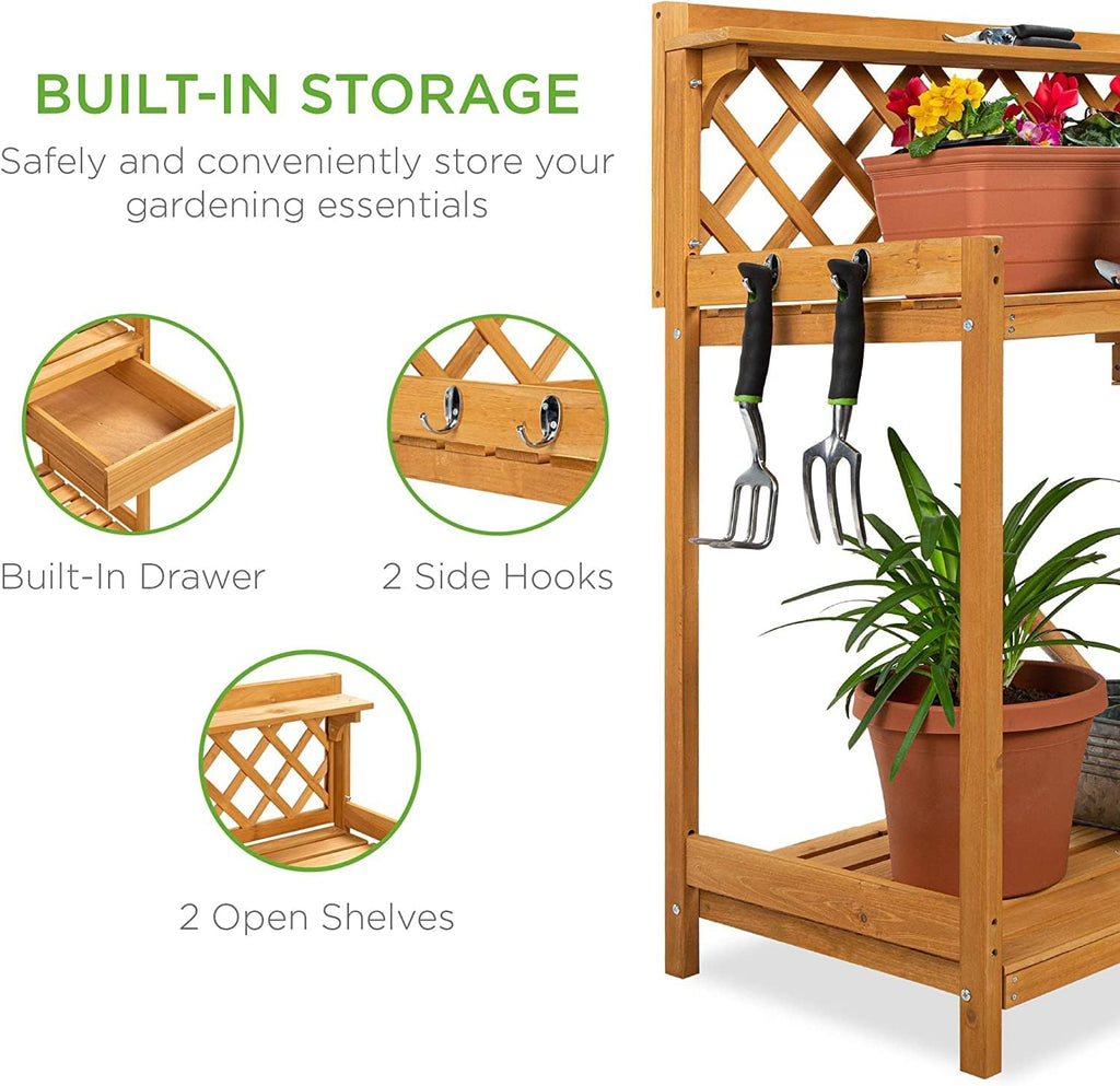 Outdoor Garden Potting Bench, Wooden Workstation Table w/Cabinet Drawer, Open Shelf, Lower Storage