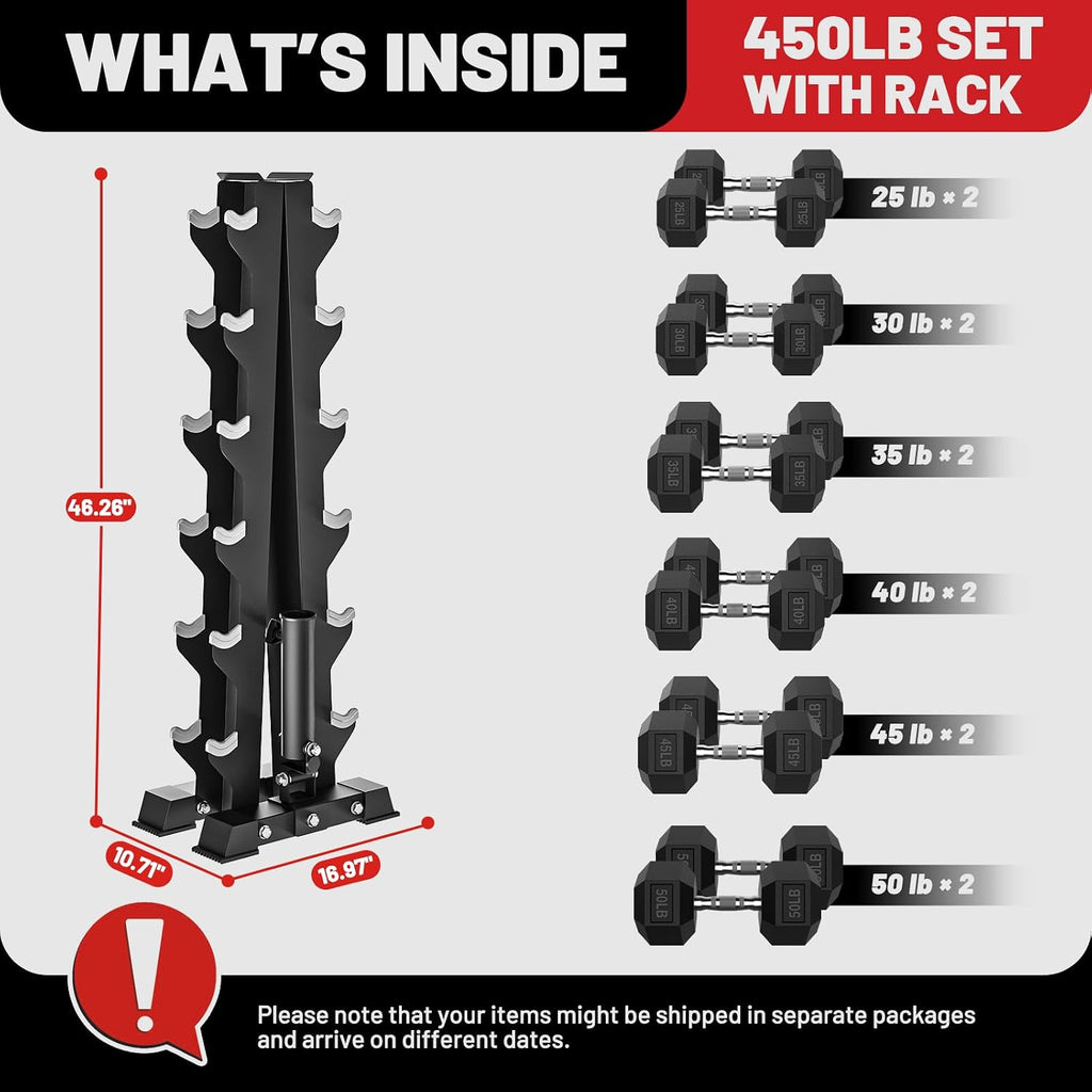 PAPABABE Hex Dumbbell Sets with Rack, 100-600lb Rubber Coated Dumbbell Weight Set and Storage Rack, Multiple Options Hand Weights for Strength Training