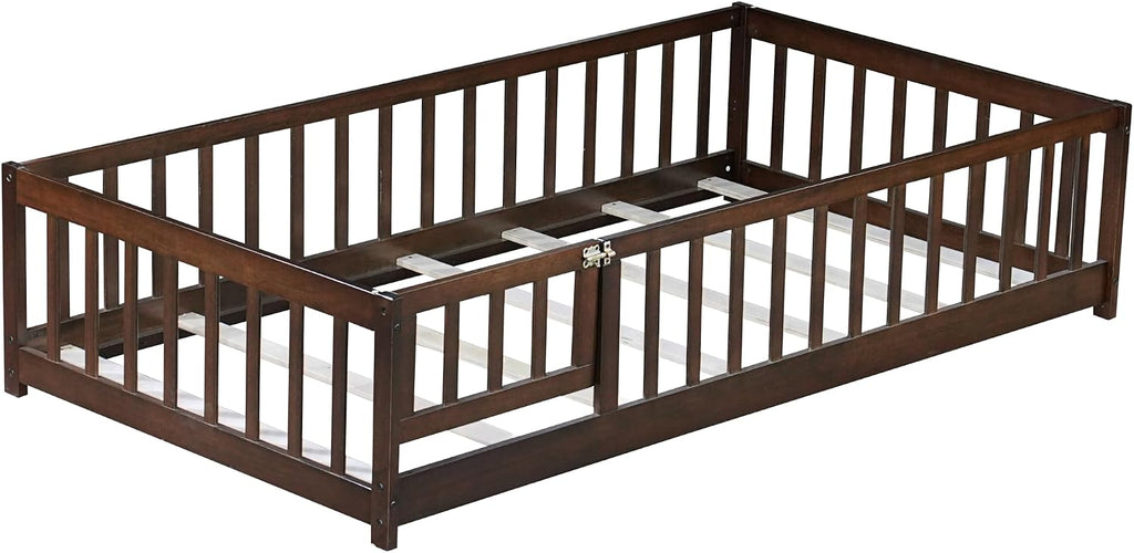 Bellemave Floor Bed for Kids,Twin Size Montessori Floor Bed with Door and Fence,Solid Wood Twin Bed Frame with Removable Slats for Girls Boys,Twin,Espresso