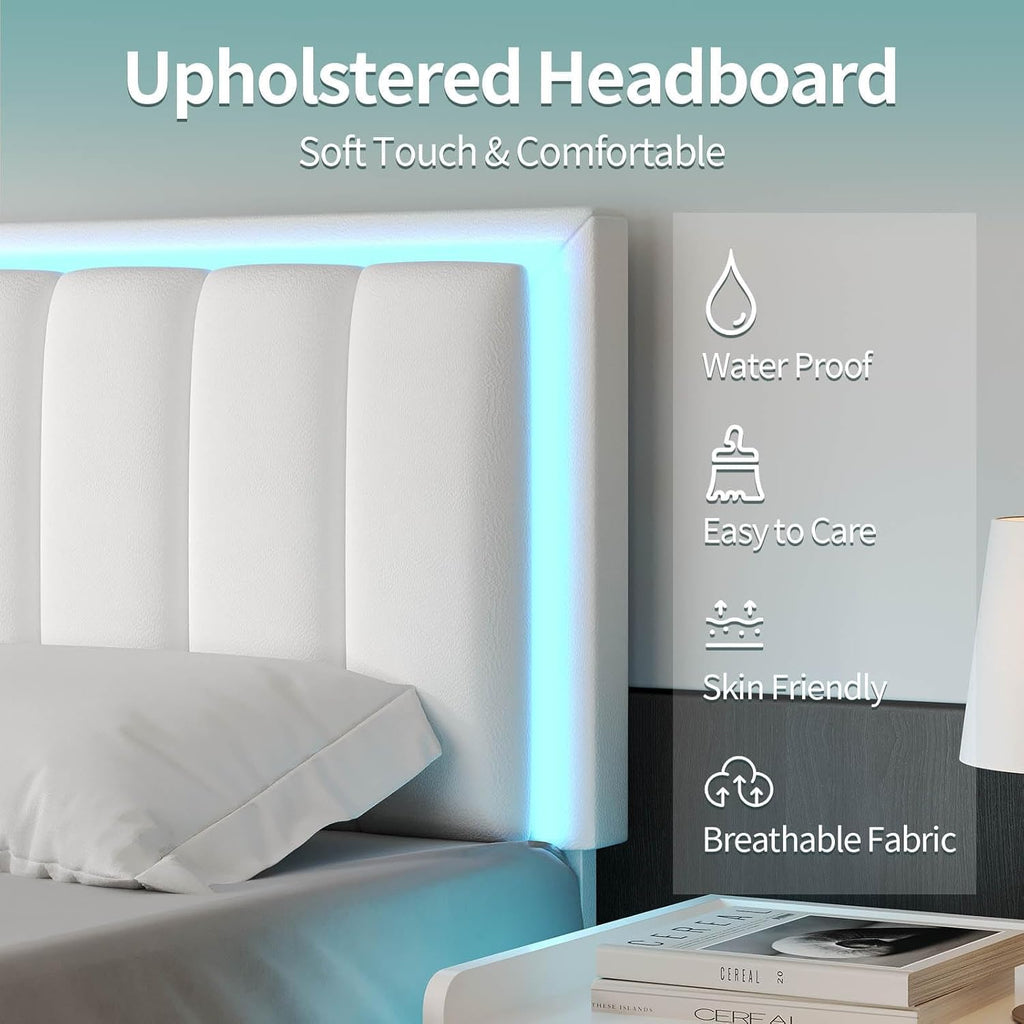 IMMERSTABLE Queen Bed Frame with RGB LED Lights, Upholstered Platform Bed Frame with Headboard, Wood Slat Support, No Box Spring Needed, Quiet Design, Easy Assembly, White