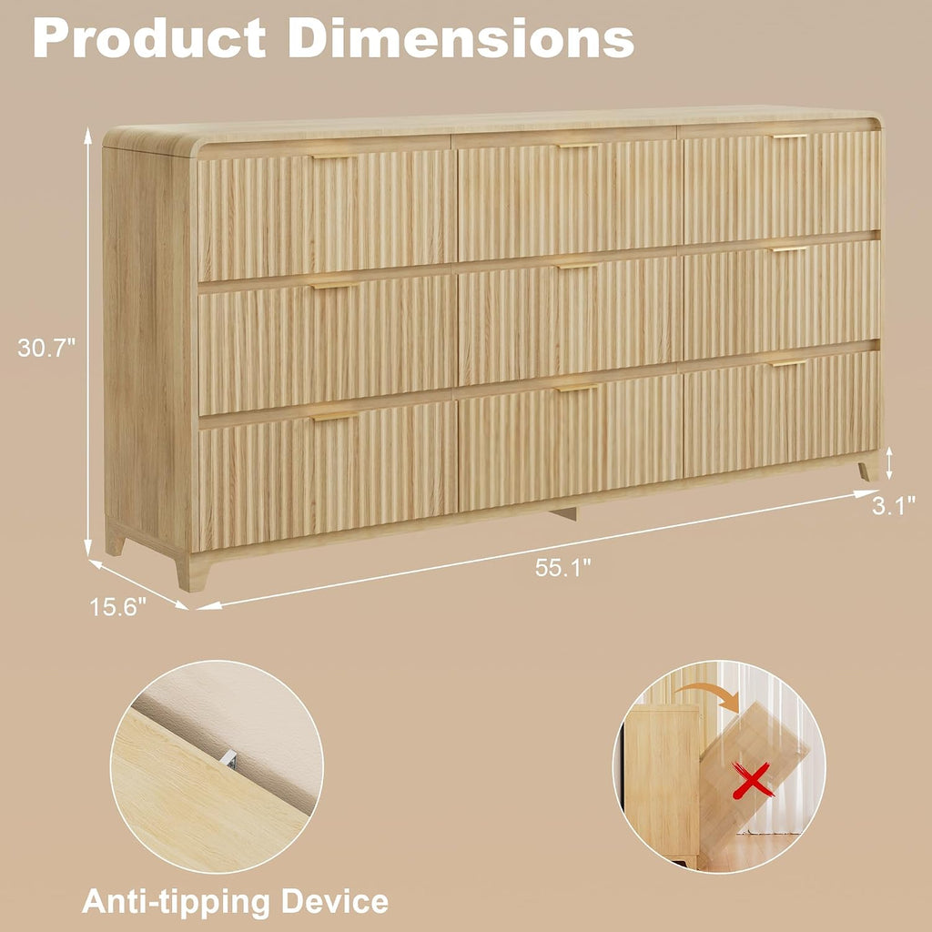 9 Drawer Dresser and 2 Nightstand Sets for Bedroom 3 Pcs Bedroom Set, Modern 57.9' Fluted Dresser with Metal Handles Nightstand Charging Station, Bedroom Furniture Set for Living Room, Natural