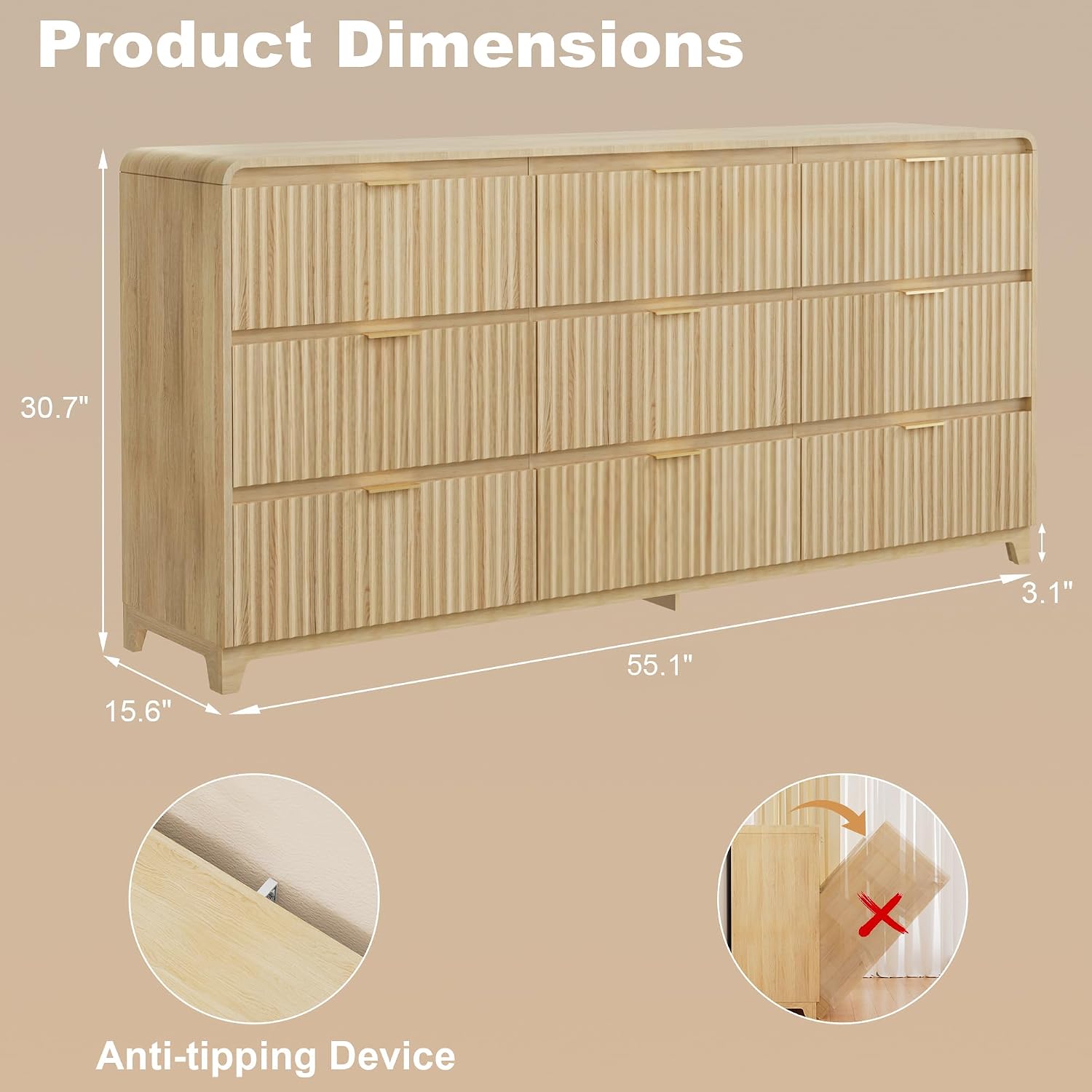 9 Drawer Dresser and 2 Nightstand Sets for Bedroom 3 Pcs Bedroom Set, Modern 57.9' Fluted Dresser with Metal Handles Nightstand Charging Station, Bedroom Furniture Set for Living Room, Natural